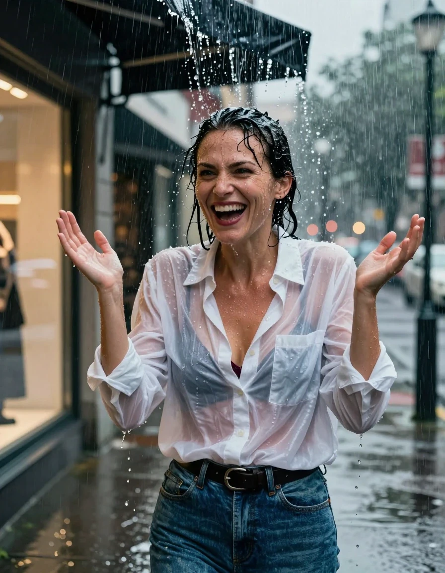 A waist-up photorealistic shot of a mid-30s brunette woman with her hair styled in a sleek bun, standing on an urban sidewalk at night during a heavy rainstorm. She is positioned directly under the edge of a shop awning, caught in a sudden, intense deluge of water pouring from the roof, causing her hair to be completely drenched and plastered to her head, with water droplets streaming down her face and skin. She has an expression of surprised laughter, with both hands raised instinctively. She is wearing an oversized, translucent white cotton button-down shirt that is heavily soaked and clinging to her torso, revealing a maroon bra underneath. She also wears a denim skirt cinched with a black leather belt. The background features blurred city store windows with glowing neon lights reflecting on the rain-slicked pavement. High-contrast cinematic lighting, hyper-detailed wet textures, water sheen on skin, heavy fabric saturation, realistic raindrops, 8k resolution, professional photography.