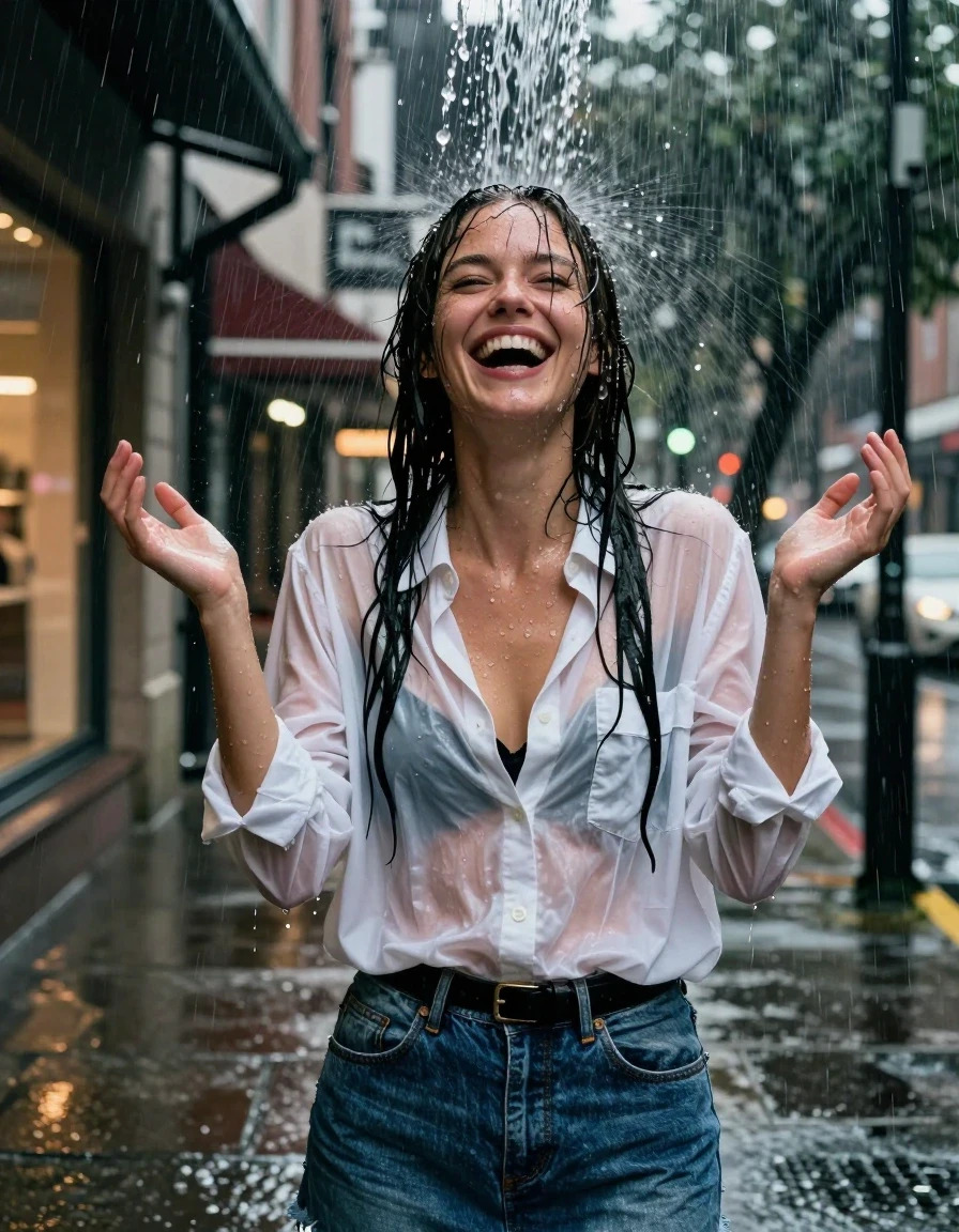 A waist-up photorealistic shot of a young adult European woman standing on an urban sidewalk at night during a heavy rainstorm. She is positioned directly under a deluge of water pouring from a rooftop drainpipe, which cascades over her head and shoulders. Her hair is completely drenched, matted, and slick with water, clinging to her face and neck. She is wearing a white oversized cotton button-down shirt that is heavily saturated, translucent, and clinging to her skin, revealing a black bra underneath. She wears a blue denim skirt cinched with a black leather belt. Her expression is one of joyful laughter, with her hands raised in the air, enjoying the downpour. The fabric of her clothes is darkened, heavy, and wrinkled from the water, with a realistic wet sheen reflecting the ambient light. The background features blurred city store fronts with glowing signs reflecting on the wet pavement. High-contrast cinematic lighting, raindrops captured in mid-air, hyper-detailed skin texture with water droplets, 8k resolution, professional photography.