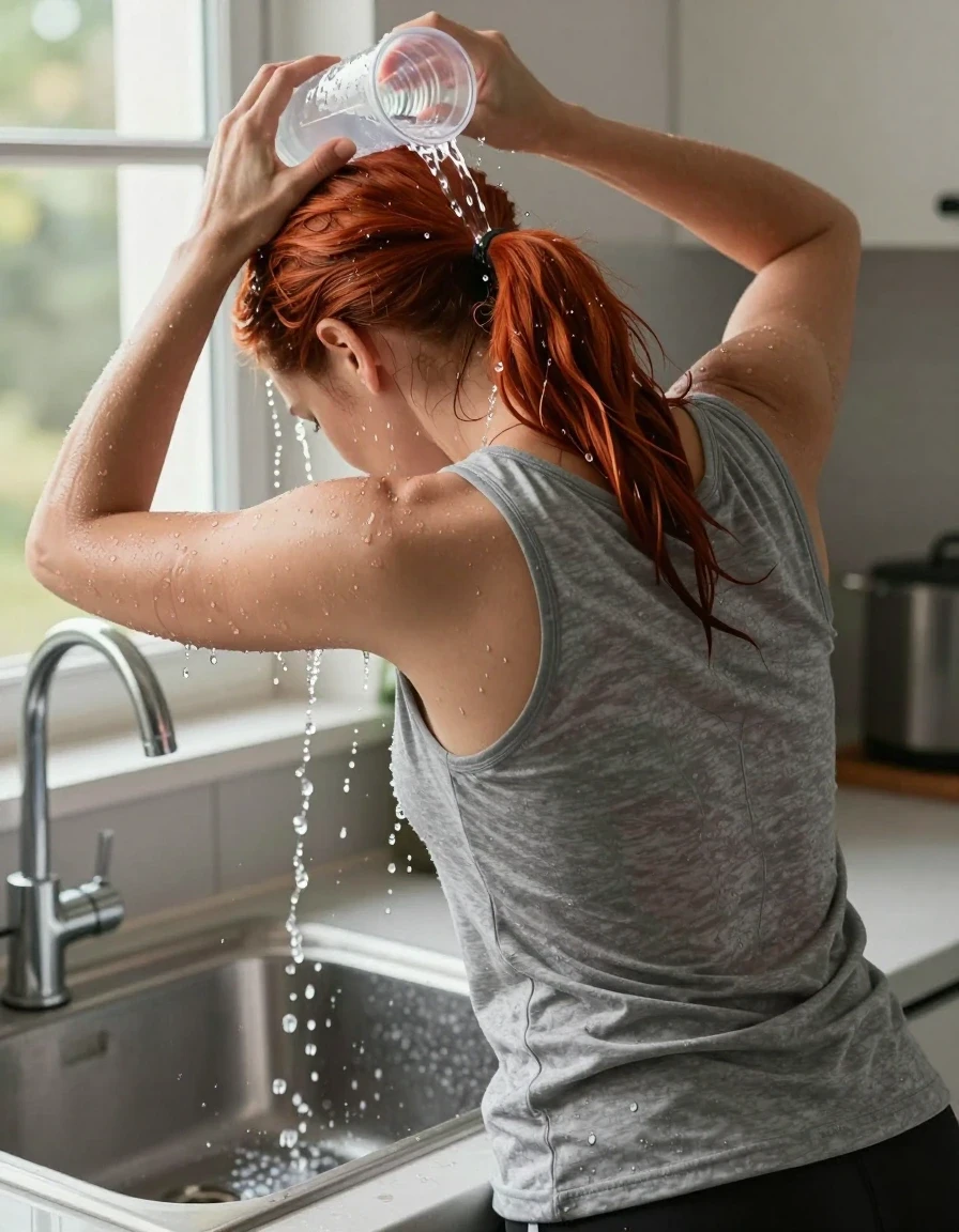 A photorealistic, elevated back-view shot of a mid-30s European woman with vibrant red hair tied in a ponytail, standing in a kitchen in front of a sink. She is bent over, leaning her head into the sink to cool off on a hot day. She is pouring water from a plastic cup directly onto the back of her head, with clear, glistening streams of water flowing down through her partially wet hair and cascading onto her medium heather gray tank top. The water leaves the gray fabric noticeably darker, soaked, and clinging to her skin with realistic texture and wet sheen. She is wearing black athletic shorts. Sunlight streams through a nearby window, illuminating the water droplets and the wet texture of her skin and clothing. The image captures high-detail water physics, realistic fabric saturation, and a candid, refreshing atmosphere.