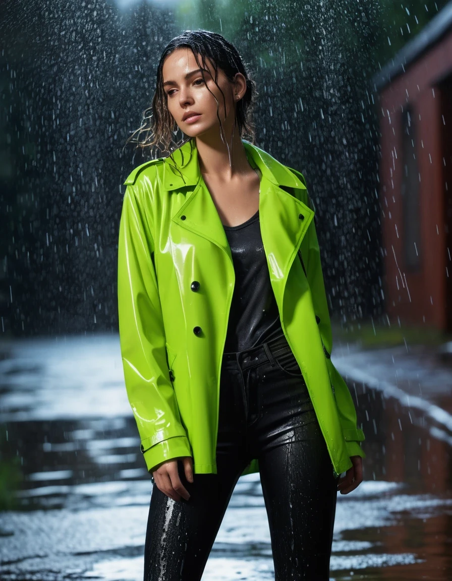 photo of young woman, in soaking wet, drenched clothes,
Black leather ankle boots, soaked and glistening , skin tight black leather jeans, saturated, water-drenched neon green oversize t-shirt, black leather jacket, saturated, black trench coat, standing in heavy rain, drenched, close up, 
enjoying, wet clothes stuck to body,
detailed textures of the wet clothes, wet face, wet plastered hair,
wet, drenched, professional, high-quality details, full body view.
sharp focus, ultra-high pixel detail, realistic, high-quality, full colors, incredibly detailed, 4k, 8k, 16k, hyper-realistic, RAW photo, masterpiece, ultra-detailed, professionally color graded, professional photograph, streaming raindrops, fabric transparency, high-contrast water cling, cinematic lighting, photorealistic, 8k, water dripping from hem, storm aftermath atmosphere, wet skin, wet clothes, damp fabric, wet skin, wet clothes, damp fabric