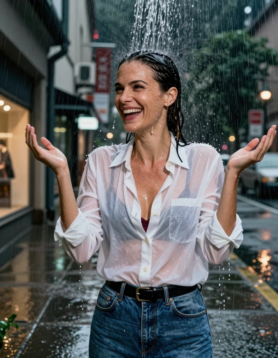 A photorealistic waist-up portrait of a mid-30s brunette woman with her hair in a sleek, wet ponytail, standing under a heavy deluge of water pouring directly from a rooftop drainpipe. Her skin is glistening with water droplets, and her hair is completely saturated, clinging to her head and neck. She is wearing a white oversized cotton button-down shirt that is translucent from heavy saturation, revealing a burgundy bra underneath, paired with a blue denim skirt cinched by a black leather belt. Her expression is one of joyful laughter, head turned slightly to the side with water dripping off her face and hair, hands raised in the air. The scene is set on an urban sidewalk at night, with blurred city store lights glowing in the background, rain-slicked pavement, and dramatic reflections. High-contrast lighting, 8k resolution, cinematic wet-look texture, realistic fabric clinging, water sheen, sharp focus on the subject, photographic detail.