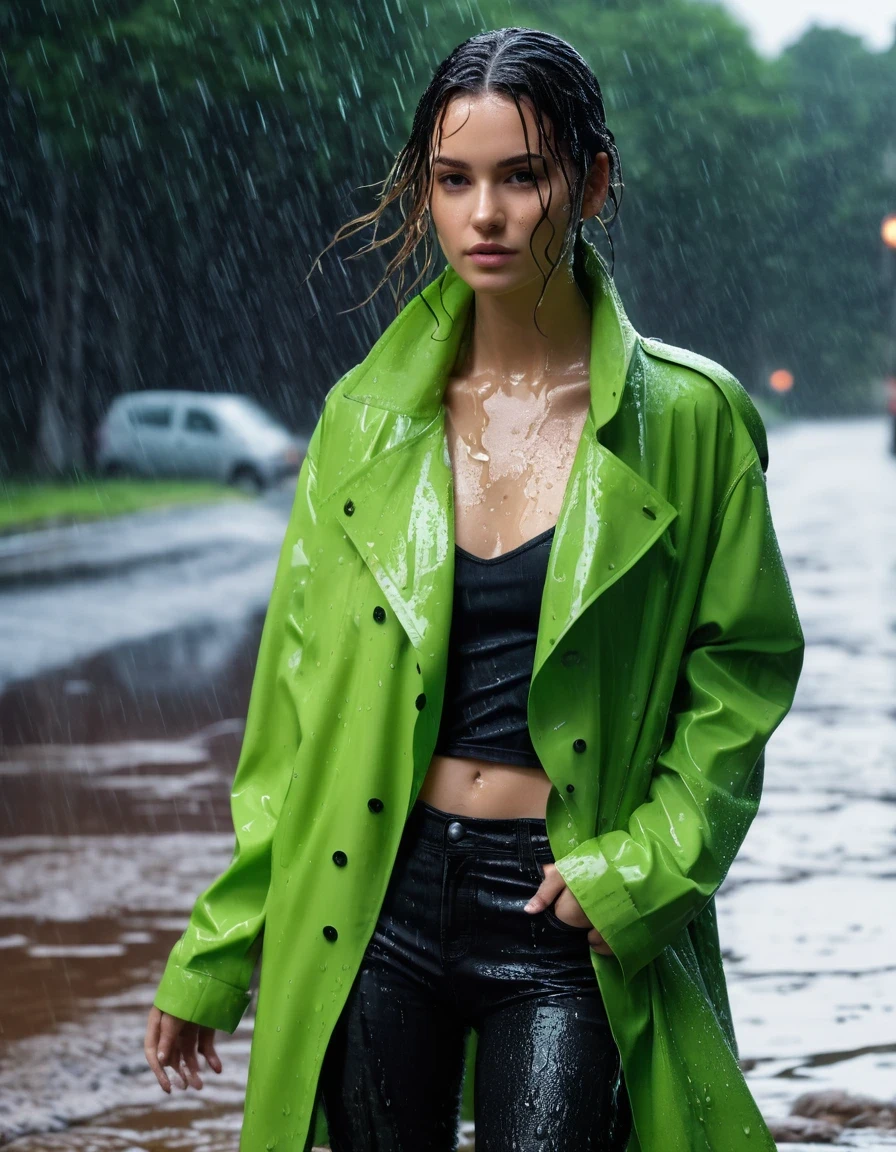 photo of young woman, in soaking wet, drenched clothes,
Black leather ankle boots, soaked and glistening , skin tight black leather jeans, saturated, water-drenched neon green oversize t-shirt, black leather jacket, saturated, black trench coat, standing in heavy rain, drenched, close up, 
enjoying, wet clothes stuck to body,
detailed textures of the wet clothes, wet face, wet plastered hair,
wet, drenched, professional, high-quality details, full body view.
sharp focus, ultra-high pixel detail, realistic, high-quality, full colors, incredibly detailed, 4k, 8k, 16k, hyper-realistic, RAW photo, masterpiece, ultra-detailed, professionally color graded, professional photograph, streaming raindrops, fabric transparency, high-contrast water cling, cinematic lighting, photorealistic, 8k, water dripping from hem, storm aftermath atmosphere, wet skin, wet clothes, damp fabric, wet skin, wet clothes, damp fabric