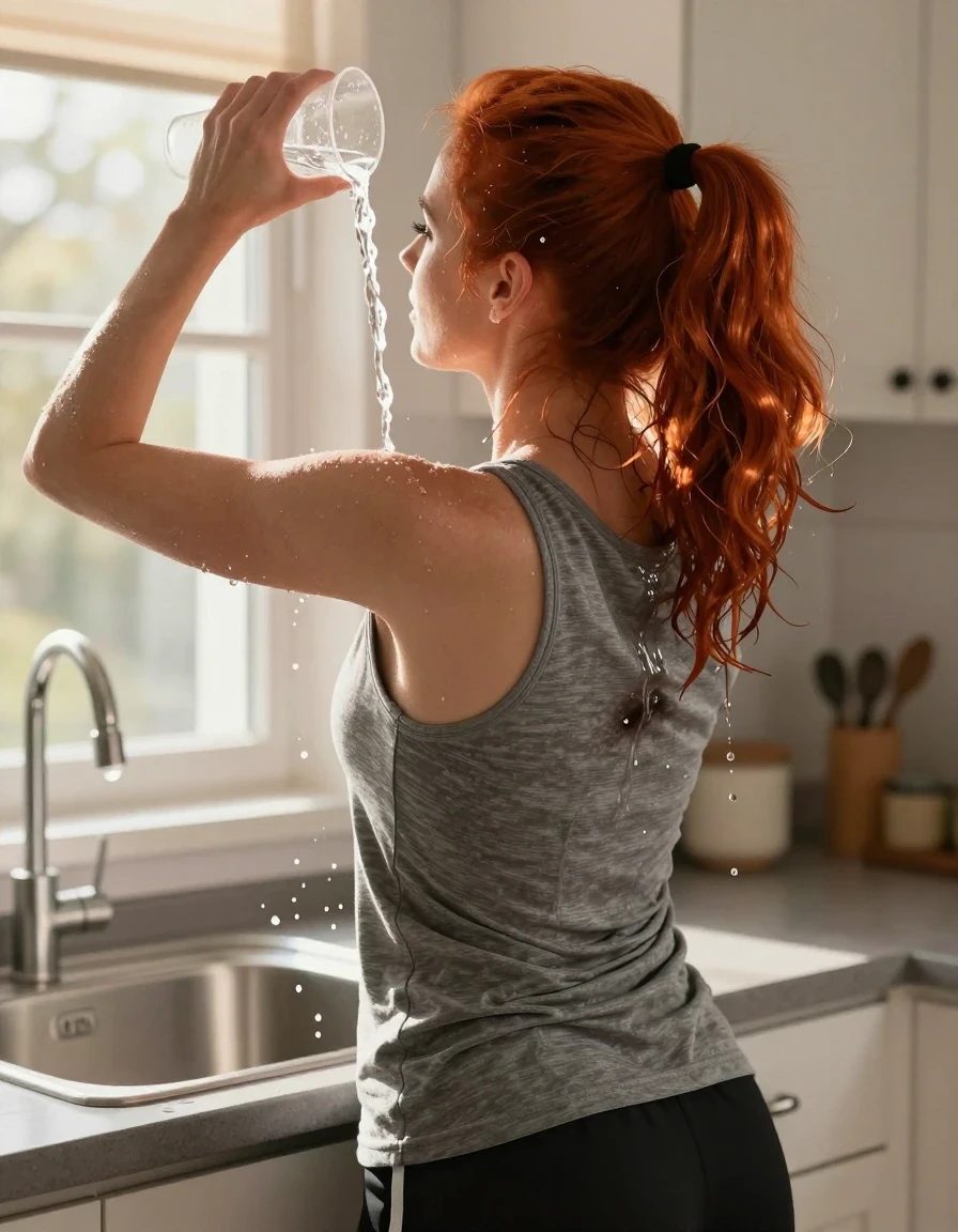 An elevated back view of a mid-30s European woman with vibrant red hair styled in a high ponytail, leaning over a kitchen sink to cool off. She is wearing a medium heather gray tank top and black athletic shorts. She is captured in the act of pouring water from a plastic cup onto the back of her head, creating realistic streams of water flowing down her hair and soaking into the fabric of her tank top. The water creates a visible wet sheen on her hair, darkening the gray fabric where it clings to her skin, showing realistic wet texture, weight, and folds. The scene is set in a sunlit kitchen with bright, warm sunshine streaming through a nearby window, illuminating the water droplets and the glistening wet surfaces. Photorealistic, 8k resolution, highly detailed skin texture, cinematic lighting, sharp focus on the interaction between the water, hair, and clothing.