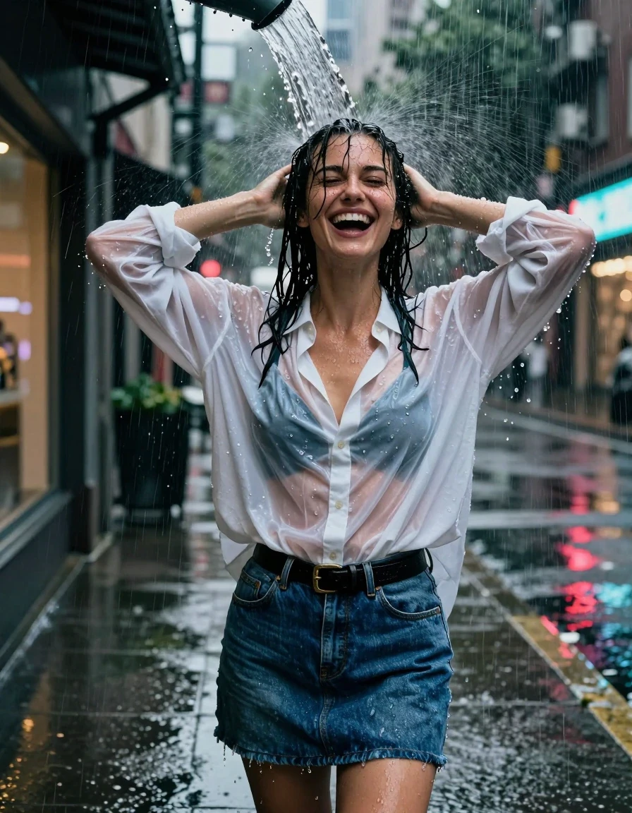 A waist-up photorealistic shot of a young adult European woman standing on an urban sidewalk at night during a heavy rainstorm. She is positioned directly under a deluge of water pouring from a rooftop drainpipe, which cascades over her drenched, water-slicked hair and skin. She is laughing joyfully with her hands raised. She wears an oversized white cotton button-down shirt that is heavily saturated, translucent, and clinging to her body, revealing a black bra underneath. She is also wearing a blue denim skirt with a black leather belt. The fabric of the shirt and skirt is visibly soaked, darkened by water, and heavy with folds. The background features blurred city storefronts with glowing neon lights reflecting off the wet pavement. High-contrast cinematic lighting, hyper-realistic water droplets, glistening wet texture, 8k resolution, professional photography, dramatic atmosphere.