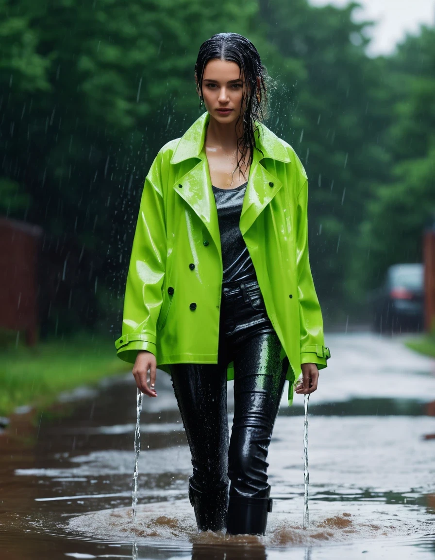 photo of young woman, in soaking wet, drenched clothes,
Black leather ankle boots, soaked and glistening , skin tight black leather jeans, saturated, water-drenched neon green oversize t-shirt, black leather jacket, saturated, black trench coat, standing in heavy rain, drenched, close up, 
enjoying, wet clothes stuck to body,
detailed textures of the wet clothes, wet face, wet plastered hair,
wet, drenched, professional, high-quality details, full body view.
sharp focus, ultra-high pixel detail, realistic, high-quality, full colors, incredibly detailed, 4k, 8k, 16k, hyper-realistic, RAW photo, masterpiece, ultra-detailed, professionally color graded, professional photograph, streaming raindrops, fabric transparency, high-contrast water cling, cinematic lighting, photorealistic, 8k, water dripping from hem, storm aftermath atmosphere, wet skin, wet clothes, damp fabric, wet skin, wet clothes, damp fabric