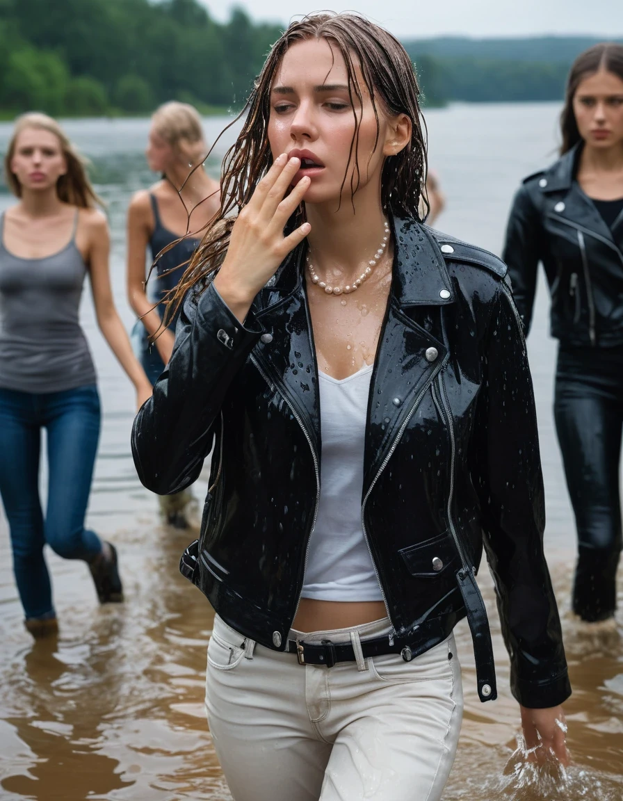 photo of young woman, in soaking wet, drenched clothes,
ankle boots, dripping wet super skin tight light white denim jeans, slim fit black biker leatherjacket,  tight sexy tshirt with wide necklace, handbag, pearl necklace, young embarrassed blonde teenage girl with her Friends hold her hand over her mouth an deep submerged into water near a crowded dock, open mouth, big eyes , 
enjoying, wet clothes stuck to body,
detailed textures of the wet clothes, wet face, wet plastered hair,
wet, drenched, professional, high-quality details, full body view.
sharp focus, ultra-high pixel detail, realistic, high-quality, full colors, incredibly detailed, 4k, 8k, 16k, hyper-realistic, RAW photo, masterpiece, ultra-detailed, professionally color graded, professional photograph, completely soaked, completely dripping wet from head to toe, very wet clothes, sleek long straight hair, worried and embarrassed facial expression, slight yawn, moaning,  all girls wear different styles of clothes, she soakes her handbag into the water, a lot of people stands in the background, close-up, view from above, highest realistic representation, ultra sharp focus, highest photorealistic detailed facial features and expressions, highest photorealistic hands, highest best quality, highest photorealistic details, highest photorealistic wet clothes, full UHD resolution, highest photorealistic sharpness of the image, 32 K, wet skin, wet clothes, damp fabric