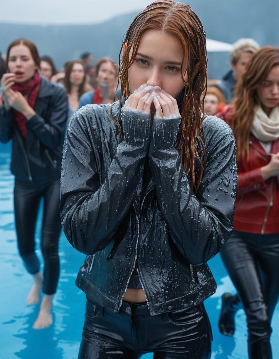 photo of young woman, in soaking wet, drenched clothes,
ankle boots, soaked trough long skinny glistening jeans, slim fit biker leatherjacket, tight grey turtleneck sweater, handbag, pearl necklace, scarf, two young blonde teenage girls holds her whole hand over her mouth and nose emerge in a pool at a crowded pool party at night, one whispers a secret into the other's ear, open mouth, big eyes, 
enjoying, wet clothes stuck to body,
detailed textures of the wet clothes, wet face, wet plastered hair,
wet, drenched, professional, high-quality details, full body view.
sharp focus, ultra-high pixel detail, realistic, high-quality, full colors, incredibly detailed, 4k, 8k, 16k, hyper-realistic, RAW photo, masterpiece, ultra-detailed, professionally color graded, professional photograph, completely soaked, completely dripping wet from head to toe, very wet clothes, sleek long straight hair, worried and embarrassed facial expression, slight yawn, moaning, all girls wear different styles of clothes, soaking her handbag in the water, a lot of people stands in the background, close-up, view from above, highest realistic representation,  highest ultra sharp focus, highest photorealistic detailed facial features and expressions, highest photorealistic hands, highest best quality, highest photorealistic details, highest photorealistic wet clothes, full UHD resolution, highest photorealistic sharpness of the image, 32 K, wet skin, wet clothes, damp fabric