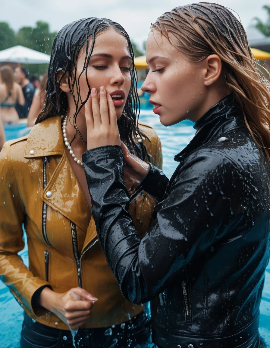 photo of young woman, in soaking wet, drenched clothes,
ankle boots, super skin tight denim jeans, slim fit black biker leatherjacket, tight white turtleneck sweater, handbag, pearl necklace, two young blonde teenage girls holds her whole hand over her mouth and nose submerged in a pool of a crowded pool party, one whispers a secret into the other's ear, open mouth, big eyes, 
enjoying, wet clothes stuck to body,
detailed textures of the wet clothes, wet face, wet plastered hair,
wet, drenched, professional, high-quality details, full body view.
sharp focus, ultra-high pixel detail, realistic, high-quality, full colors, incredibly detailed, 4k, 8k, 16k, hyper-realistic, RAW photo, masterpiece, ultra-detailed, professionally color graded, professional photograph, two girls, completely soaked, completely dripping wet from head to toe, very wet clothes, sleek long straight hair, surprised and embarrassed facial expression, slight yawn, moaning, all girls wear different clothes, soaking her handbag in the water, a lot of people stands in the background, close-up, view from above, highest realistic representation,  highest ultra sharp focus, highest photorealistic detailed facial features and expressions, highest photorealistic hands, highest best quality, highest photorealistic details, highest photorealistic wet clothes, full UHD resolution, highest photorealistic sharpness of the image, 32 K, wet skin, wet clothes, damp fabric
