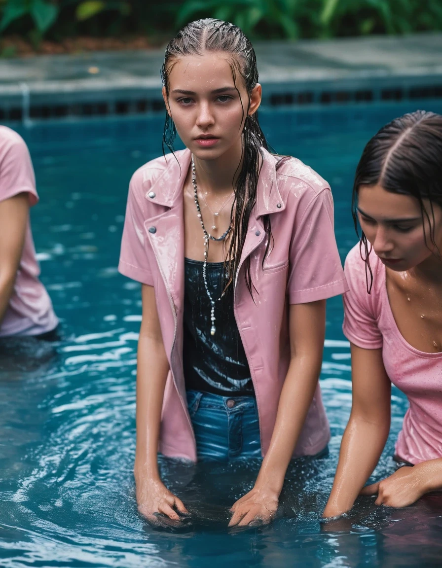 photo of young woman, in soaking wet, drenched clothes,
ankle boots, soaked trough white long skinny glistening jeans, slim fit light pink biker leatherjacket, tight sexy tshirt with wide necklace, handbag, pearl necklace, two fifteen years old blonde teenage girls with her Friends holds her whole hand over her mouth and nose submerged in a pool of a crowded pool party, open mouth, big eyes, 
enjoying, wet clothes stuck to body,
detailed textures of the wet clothes, wet face, wet plastered hair,
wet, drenched, professional, high-quality details, full body view.
sharp focus, ultra-high pixel detail, realistic, high-quality, full colors, incredibly detailed, 4k, 8k, 16k, hyper-realistic, RAW photo, masterpiece, ultra-detailed, professionally color graded, professional photograph, two girls, fifteen years old, completely soaked, completely dripping wet from head to toe, very wet clothes, sleek long straight hair with a ponytail, worried and embarrassed facial expression, slight yawn, moaning, all girls wear different styles of clothes, soaking her handbag in the water, a lot of people stands in the background, close-up, view from above, highest realistic representation,  highest ultra sharp focus, highest photorealistic detailed facial features and expressions, highest photorealistic hands, highest best quality, highest photorealistic details, highest photorealistic wet clothes, full UHD resolution, highest photorealistic sharpness of the image, 32 K, wet skin, wet clothes, damp fabric