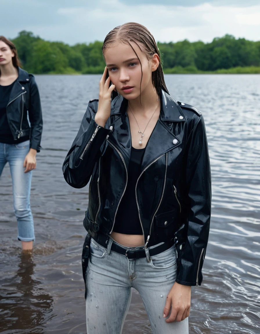 photo of young woman, in soaking wet, drenched clothes,
ankle boots, dripping wet super skin tight light white denim jeans, slim fit black biker leatherjacket,  tight sexy tshirt with wide necklace, handbag, pearl necklace, Fifteen years old embarrassed blonde teenage girl with her Friends hold her hand over mouth and nose posing completely soaked deep submerged into water for a picture near a crowded dock, open mouth, big eyes , 
enjoying, wet clothes stuck to body,
detailed textures of the wet clothes, wet face, wet plastered hair,
wet, drenched, professional, high-quality details, full body view.
sharp focus, ultra-high pixel detail, realistic, high-quality, full colors, incredibly detailed, 4k, 8k, 16k, hyper-realistic, RAW photo, masterpiece, ultra-detailed, professionally color graded, professional photograph, Fifteen years old, completely soaked, completely dripping wet from head to toe, very wet clothes, sleek long straight hair, worried and embarrassed facial expression, slight yawn, moaning,  all girls wear different styles of clothes, she soakes her handbag into the water, a lot of people stands in the background, close-up, view from above, highest realistic representation, ultra sharp focus, highest photorealistic detailed facial features and expressions, highest photorealistic hands, highest best quality, highest photorealistic details, highest photorealistic wet clothes, full UHD resolution, highest photorealistic sharpness of the image, 32 K, wet skin, wet clothes, damp fabric