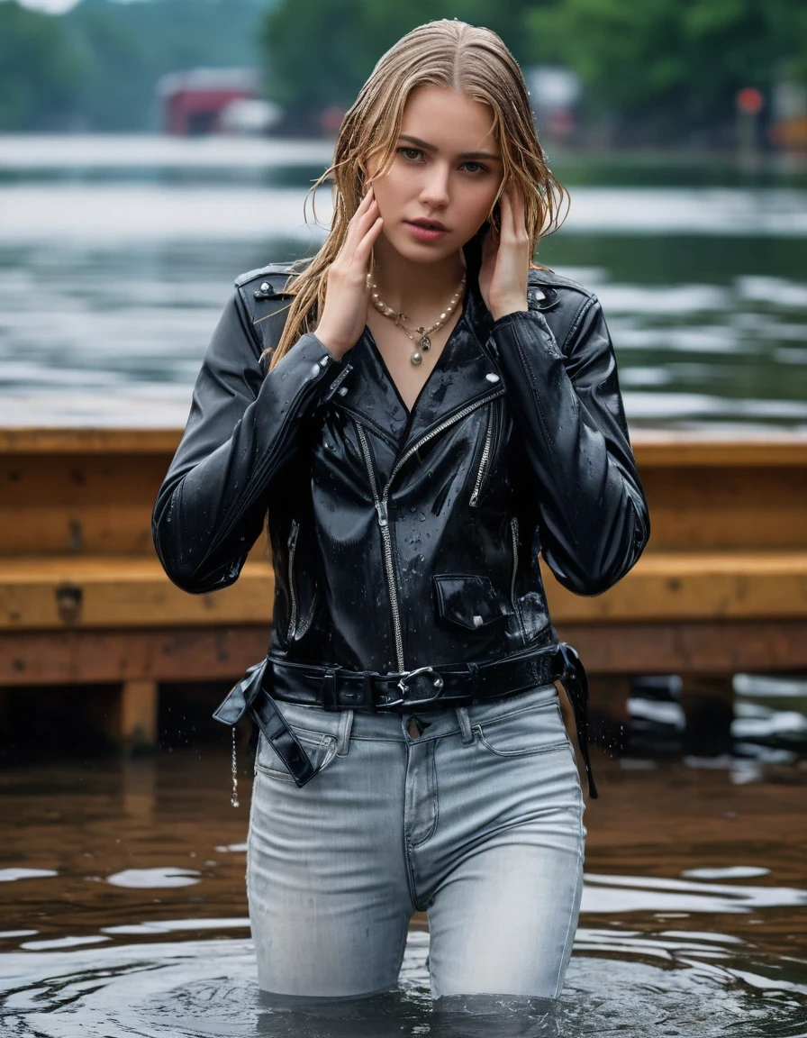 photo of young woman, in soaking wet, drenched clothes,
ankle boots, dripping wet super skin tight light white denim jeans, slim fit black biker leatherjacket,  tight sexy tshirt with wide necklace, handbag, pearl necklace, young embarrassed blonde teenage girl holds her hand over her mouth take a dip deep submerged into water near a crowded dock, open mouth, big eyes , 
enjoying, wet clothes stuck to body,
detailed textures of the wet clothes, wet face, wet plastered hair,
wet, drenched, professional, high-quality details, full body view.
sharp focus, ultra-high pixel detail, realistic, high-quality, full colors, incredibly detailed, 4k, 8k, 16k, hyper-realistic, RAW photo, masterpiece, ultra-detailed, professionally color graded, professional photograph, completely soaked, completely dripping wet from head to toe, very wet clothes, sleek long straight hair, worried and embarrassed facial expression, slight yawn, moaning,  all girls wear different styles of clothes, she soakes her handbag into the water, a lot of people stands in the background, close-up, view from above, highest realistic representation, ultra sharp focus, highest photorealistic detailed facial features and expressions, highest photorealistic hands, highest best quality, highest photorealistic details, highest photorealistic wet clothes, full UHD resolution, highest photorealistic sharpness of the image, 32 K, wet skin, wet clothes, damp fabric