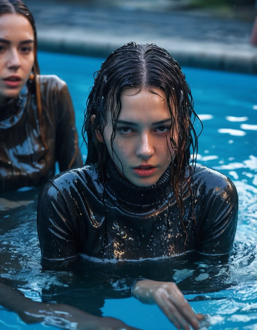 photo of young woman, in soaking wet, drenched clothes,
ankle boots, soaked trough long skinny glistening jeans, slim fit biker leatherjacket, tight grey turtleneck sweater, handbag, pearl necklace, two young blonde teenage girls holds her whole hand over her mouth and nose emerge in a pool at a crowded pool party at night, one whispers a secret into the other's ear, open mouth, big eyes, 
enjoying, wet clothes stuck to body,
detailed textures of the wet clothes, wet face, wet plastered hair,
wet, drenched, professional, high-quality details, full body view.
sharp focus, ultra-high pixel detail, realistic, high-quality, full colors, incredibly detailed, 4k, 8k, 16k, hyper-realistic, RAW photo, masterpiece, ultra-detailed, professionally color graded, professional photograph, completely soaked, completely dripping wet from head to toe, very wet clothes, sleek long hair, worried and embarrassed facial expression, slight yawn, moaning, all girls wear different styles of clothes, soaking her handbag in the water, a lot of people stands in the background, close-up, view from above, highest realistic representation,  highest ultra sharp focus, highest photorealistic detailed facial features and expressions, highest photorealistic hands, highest best quality, highest photorealistic details, highest photorealistic wet clothes, full UHD resolution, highest photorealistic sharpness of the image, 32 K, wet skin, wet clothes, damp fabric