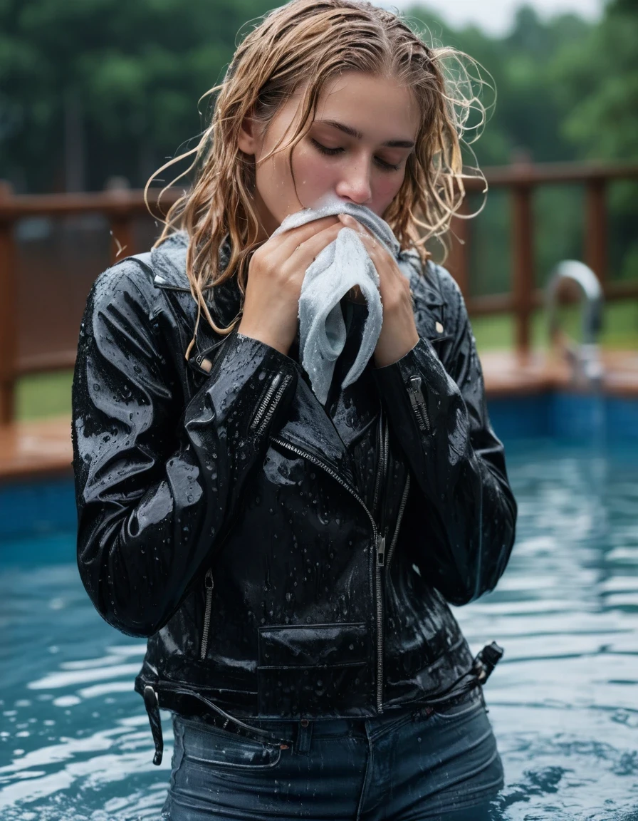 photo of young woman, in soaking wet, drenched clothes,
ankle boots, soaked trough long skinny glistening jeans, slim fit black biker leatherjacket, tight beige turtleneck sweater, handbag, pearl necklace, scarf, two young blonde teenage girls with her Friends holds her whole hand over her mouth and nose deep submerged at a pool party at night, open mouth, big eyes, 
enjoying, wet clothes stuck to body,
detailed textures of the wet clothes, wet face, wet plastered hair,
wet, drenched, professional, high-quality details, full body view.
sharp focus, ultra-high pixel detail, realistic, high-quality, full colors, incredibly detailed, 4k, 8k, 16k, hyper-realistic, RAW photo, masterpiece, ultra-detailed, professionally color graded, professional photograph, Fifteen years old, completely soaked, completely dripping wet from head to toe, very wet clothes, sleek long straight hair, worried and embarrassed facial expression, slight yawn, moaning, all girls wear different styles of clothes, soaking her handbag in the water, a lot of people stands in the background, close-up, view from above, highest realistic representation,  highest ultra sharp focus, highest photorealistic detailed facial features and expressions, highest photorealistic hands, highest best quality, highest photorealistic details, highest photorealistic wet clothes, full UHD resolution, highest photorealistic sharpness of the image, 32 K, wet skin, wet clothes, damp fabric