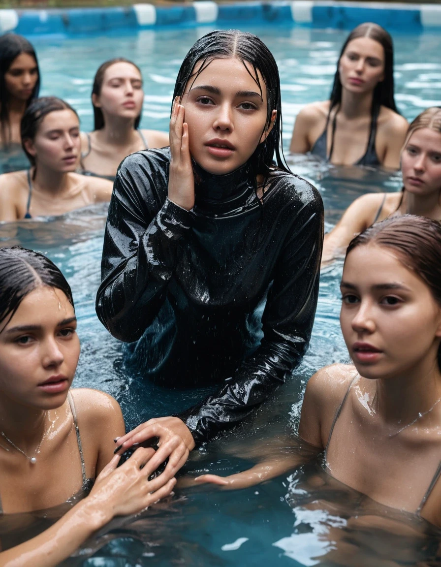 photo of young woman, in soaking wet, drenched clothes,
ankle boots, soaked trough white long skinny glistening jeans, slim fit black biker leatherjacket, tight beige turtleneck sweater, handbag, pearl necklace, two fifteen years old blonde teenage girls with her Friends holds her whole hand over her mouth and nose submerged in a pool of a crowded pool party, open mouth, big eyes, 
enjoying, wet clothes stuck to body,
detailed textures of the wet clothes, wet face, wet plastered hair,
wet, drenched, professional, high-quality details, full body view.
sharp focus, ultra-high pixel detail, realistic, high-quality, full colors, incredibly detailed, 4k, 8k, 16k, hyper-realistic, RAW photo, masterpiece, ultra-detailed, professionally color graded, professional photograph, two girls, fifteen years old, completely soaked, completely dripping wet from head to toe, very wet clothes, sleek long straight hair, worried and embarrassed facial expression, slight yawn, moaning, all girls wear different clothes, soaking her handbag in the water, a lot of people stands in the background, close-up, view from above, highest realistic representation,  highest ultra sharp focus, highest photorealistic detailed facial features and expressions, highest photorealistic hands, highest best quality, highest photorealistic details, highest photorealistic wet clothes, full UHD resolution, highest photorealistic sharpness of the image, 32 K, wet skin, wet clothes, damp fabric