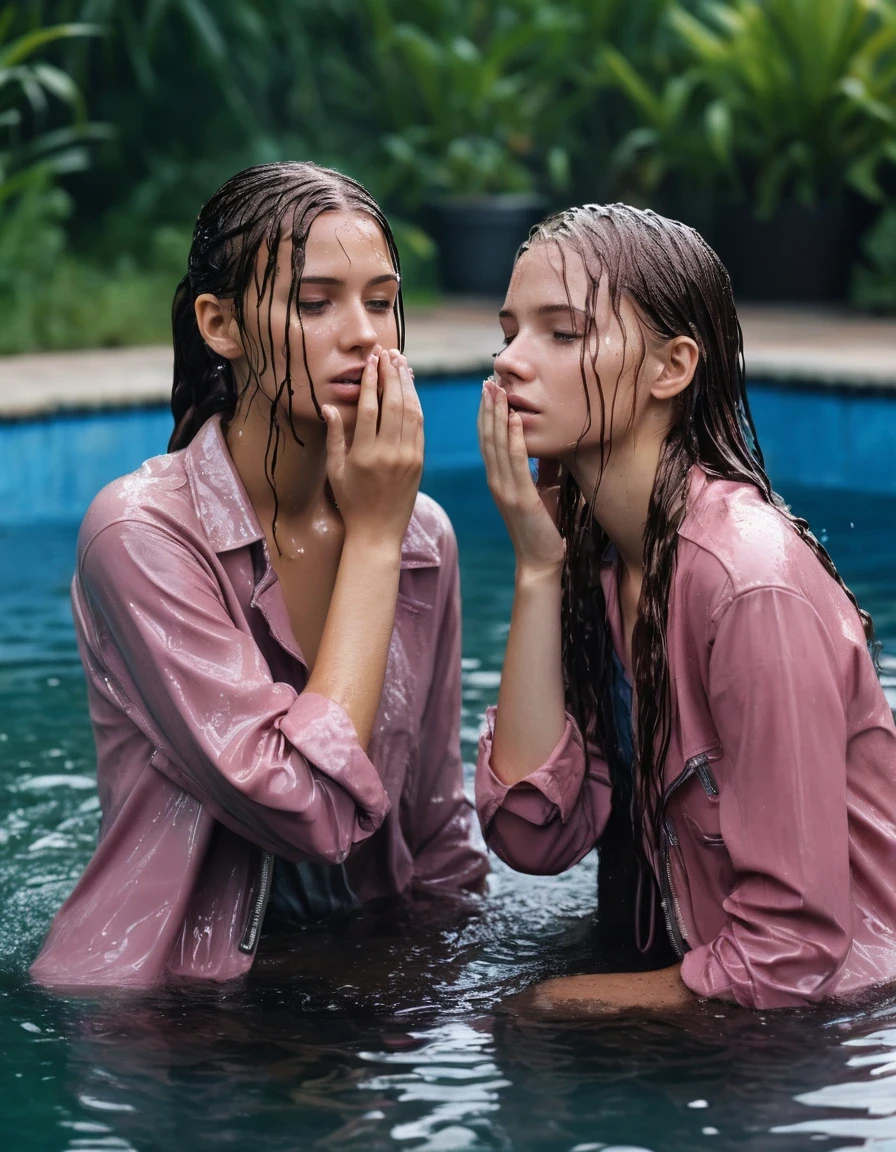 photo of young woman, in soaking wet, drenched clothes,
ankle boots, soaked trough white long skinny glistening jeans, slim fit light pink biker leatherjacket, tight sexy tshirt with wide necklace, handbag, pearl necklace, two fifteen years old blonde teenage girls with her Friends holds her whole hand over her mouth and nose submerged in a pool of a crowded pool party, open mouth, big eyes, 
enjoying, wet clothes stuck to body,
detailed textures of the wet clothes, wet face, wet plastered hair,
wet, drenched, professional, high-quality details, full body view.
sharp focus, ultra-high pixel detail, realistic, high-quality, full colors, incredibly detailed, 4k, 8k, 16k, hyper-realistic, RAW photo, masterpiece, ultra-detailed, professionally color graded, professional photograph, two girls, fifteen years old, completely soaked, completely dripping wet from head to toe, very wet clothes, sleek long straight hair with a ponytail, worried and embarrassed facial expression, slight yawn, moaning, all girls wear different styles of clothes, soaking her handbag in the water, a lot of people stands in the background, close-up, view from above, highest realistic representation,  highest ultra sharp focus, highest photorealistic detailed facial features and expressions, highest photorealistic hands, highest best quality, highest photorealistic details, highest photorealistic wet clothes, full UHD resolution, highest photorealistic sharpness of the image, 32 K, wet skin, wet clothes, damp fabric