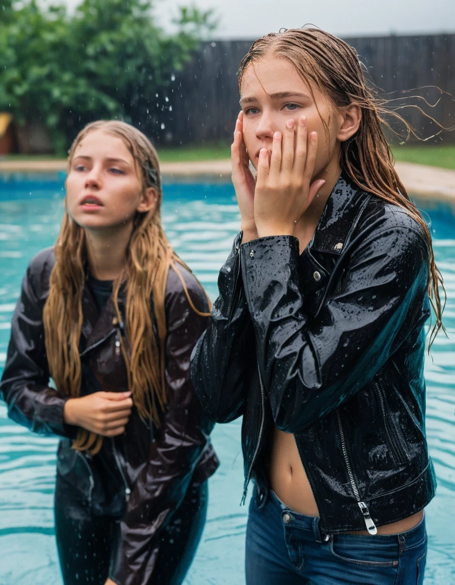 photo of young woman, in soaking wet, drenched clothes,
ankle boots, tight skinny jeans, slim fit black biker leatherjacket, tight beige turtleneck sweater, handbag, pearl necklace, two fifteen years old blonde teenage girls holds her whole hand over her mouth and nose submerged in a pool of a crowded pool party, open mouth, big eyes, 
enjoying, wet clothes stuck to body,
detailed textures of the wet clothes, wet face, wet plastered hair,
wet, drenched, professional, high-quality details, full body view.
sharp focus, ultra-high pixel detail, realistic, high-quality, full colors, incredibly detailed, 4k, 8k, 16k, hyper-realistic, RAW photo, masterpiece, ultra-detailed, professionally color graded, professional photograph, two girls, fifteen years old, completely soaked, completely dripping wet from head to toe, very wet clothes, sleek long straight hair, frightened worried and embarrassed facial expression, slight yawn, moaning, all girls wear different clothes, soaking her handbag in the water, a lot of people stands in the background, close-up, view from above, highest realistic representation,  highest ultra sharp focus, highest photorealistic detailed facial features and expressions, highest photorealistic hands, highest best quality, highest photorealistic details, highest photorealistic wet clothes, full UHD resolution, highest photorealistic sharpness of the image, 32 K, wet skin, wet clothes, damp fabric