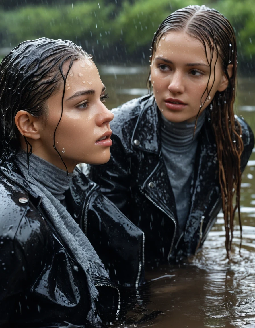 photo of young woman, in soaking wet, drenched clothes,
ankle boots, super skin tight denim jeans, slim fit black biker leatherjacket, tight grey knit turtleneck sweater, handbag, pearl necklace, silk scarf, open jacket, Two completely soaked and drenched eighteen years old embarrased blonde teenage girls holds her hand over mouth and nose lying submerged in pool during wetlook party, open mouth, big eyes, 
enjoying, wet clothes stuck to body,
detailed textures of the wet clothes, wet face, wet plastered hair,
wet, drenched, professional, high-quality details, full body view.
sharp focus, ultra-high pixel detail, realistic, high-quality, full colors, incredibly detailed, 4k, 8k, 16k, hyper-realistic, RAW photo, masterpiece, ultra-detailed, professionally color graded, professional photograph, Two Girls completely soaked, completely drenched wet, sleek long straight hair, worried and embarrassed facial expression, slight yawn, moaning, all girls wear different styles of clothes, carrying a dripping wet smal handbag, floating handbags and lots of floating clothes around the ladies on the water, a lot of people stands in the background, close-up, view from above, highly realistic representation, ultra sharp focus, highly photorealistic detailed textures, highly photorealistic detailed facial features and expressions, highly photorealistic hands, highly emotional reactions, highly best quality, highly sharp photorealistic image, highly photorealistic details, highest photorealistic details of wet clothes, full UHD resolution, highest photorealistic sharpness of the image, 32 K, very high level of detail and image sharpness, zoomed in, wet skin, wet clothes, damp fabric, wet skin, wet clothes, damp fabric