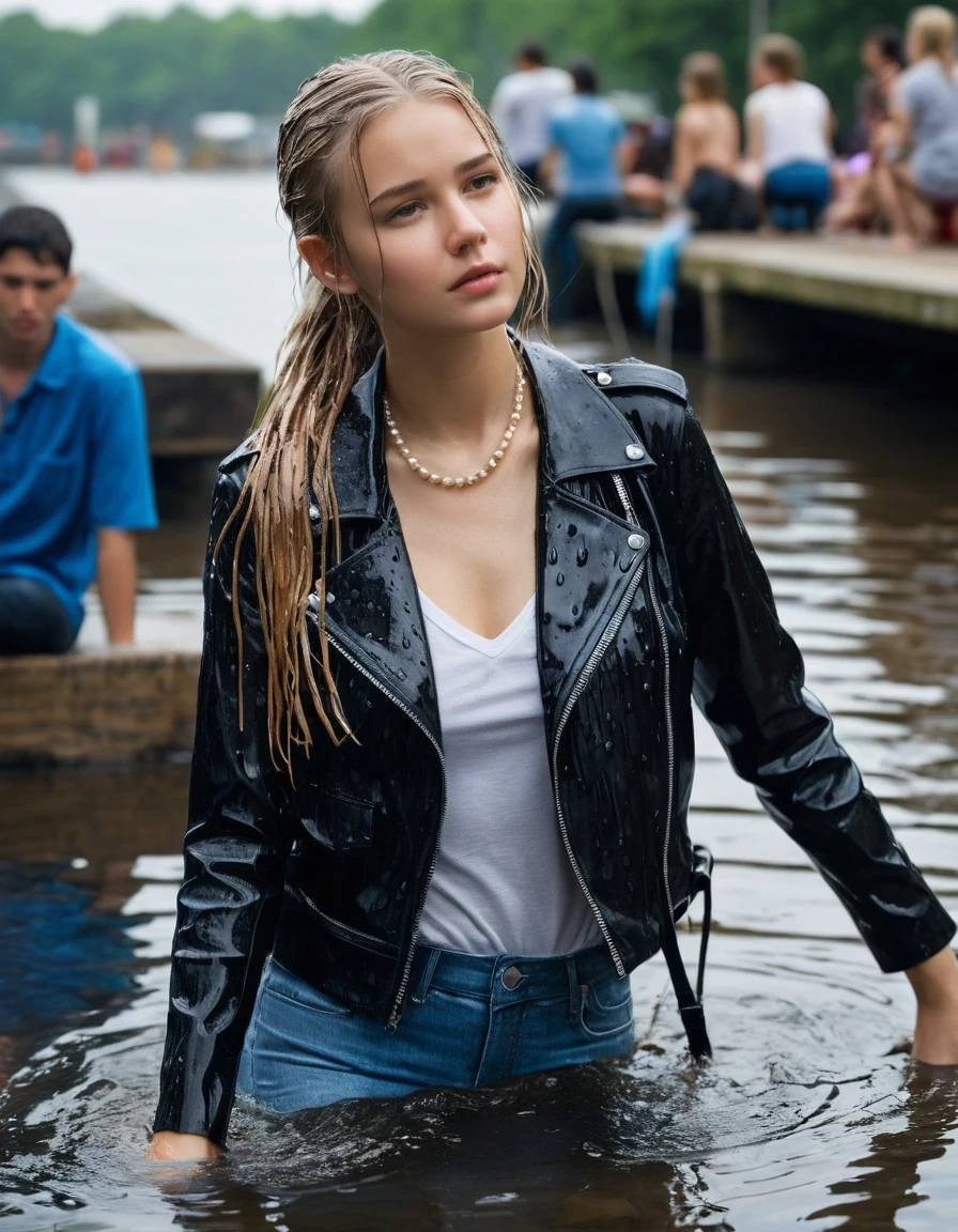photo of young woman, in soaking wet, drenched clothes,
ankle boots, dripping wet super skin tight light white denim jeans, slim fit black biker leatherjacket,  tight sexy tshirt with wide necklace, handbag, pearl necklace, Fifteen years horny blonde teenage girl with her Friends hold her hand over mouth and nose posing completely soaked deep submerged into water for a picture near a crowded dock , 
enjoying, wet clothes stuck to body,
detailed textures of the wet clothes, wet face, wet plastered hair,
wet, drenched, professional, high-quality details, full body view.
sharp focus, ultra-high pixel detail, realistic, high-quality, full colors, incredibly detailed, 4k, 8k, 16k, hyper-realistic, RAW photo, masterpiece, ultra-detailed, professionally color graded, professional photograph, Fifteen years old, completely soaked, completely dripping wet from head to toe, very wet clothes, sleek long straight hair, sleek ponytail, worried and embarrassed facial expression, slight yawn, moaning,  all girls wear different styles of clothes, she soakes her handbag into the water, a lot of people stands in the background, close-up, view from above, highest realistic representation, ultra sharp focus, highest photorealistic detailed facial features and expressions, highest photorealistic hands, highest best quality, highest photorealistic details, highest photorealistic wet clothes, full UHD resolution, highest photorealistic sharpness of the image, 32 K, wet skin, wet clothes, damp fabric