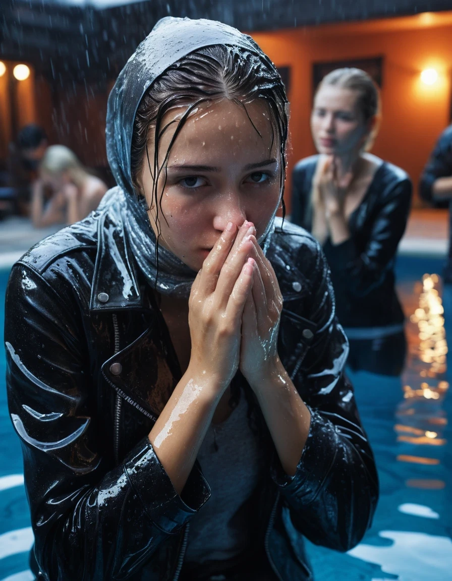 photo of young woman, in soaking wet, drenched clothes,
ankle boots, soaked trough long skinny glistening jeans, slim fit biker leatherjacket, tight grey turtleneck sweater, handbag, pearl necklace, scarf, two young blonde teenage girls holds her whole hand over her mouth and nose emerge in a pool at a crowded pool party at night, one whispers a secret into the other's ear, open mouth, big eyes, 
enjoying, wet clothes stuck to body,
detailed textures of the wet clothes, wet face, wet plastered hair,
wet, drenched, professional, high-quality details, full body view.
sharp focus, ultra-high pixel detail, realistic, high-quality, full colors, incredibly detailed, 4k, 8k, 16k, hyper-realistic, RAW photo, masterpiece, ultra-detailed, professionally color graded, professional photograph, Fifteen years old, completely soaked, completely dripping wet from head to toe, very wet clothes, sleek long straight hair, worried and embarrassed facial expression, slight yawn, moaning, all girls wear different styles of clothes, soaking her handbag in the water, a lot of people stands in the background, close-up, view from above, highest realistic representation,  highest ultra sharp focus, highest photorealistic detailed facial features and expressions, highest photorealistic hands, highest best quality, highest photorealistic details, highest photorealistic wet clothes, full UHD resolution, highest photorealistic sharpness of the image, 32 K, wet skin, wet clothes, damp fabric
