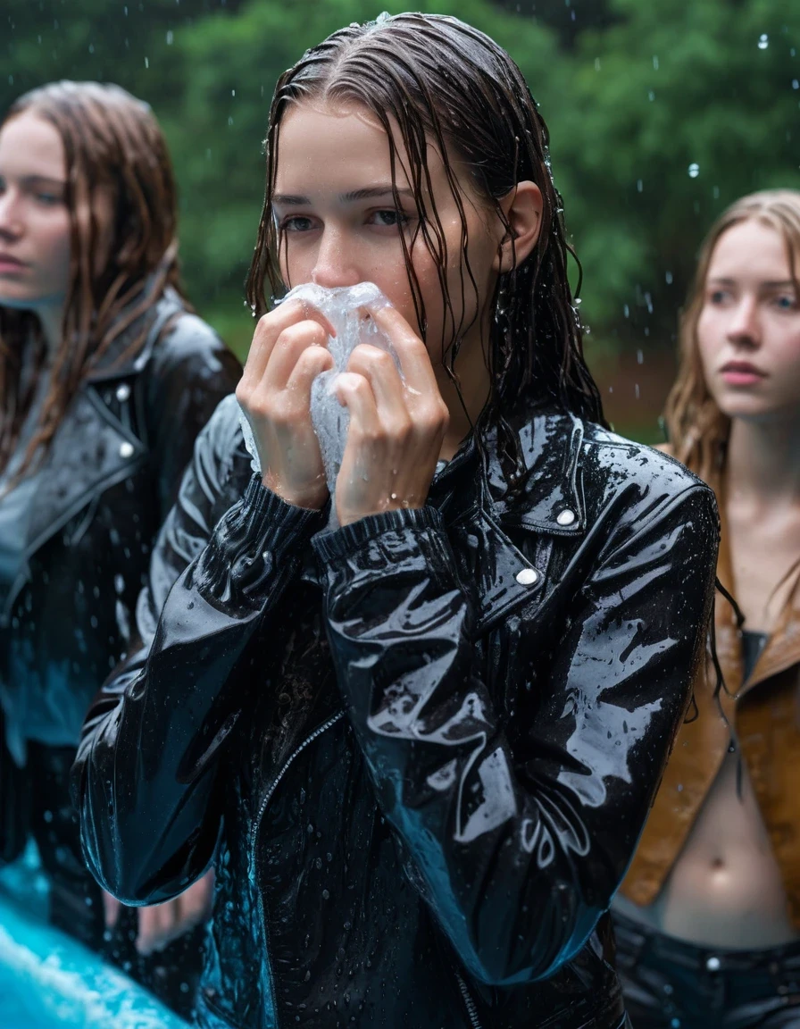photo of young woman, in soaking wet, drenched clothes,
ankle boots, soaked trough long skinny glistening jeans, slim fit black biker leatherjacket, tight beige turtleneck sweater, handbag, pearl necklace, scarf, two young blonde teenage girls with her Friends holds her whole hand over her mouth and nose deep submerged at a pool party at night, open mouth, big eyes, 
enjoying, wet clothes stuck to body,
detailed textures of the wet clothes, wet face, wet plastered hair,
wet, drenched, professional, high-quality details, full body view.
sharp focus, ultra-high pixel detail, realistic, high-quality, full colors, incredibly detailed, 4k, 8k, 16k, hyper-realistic, RAW photo, masterpiece, ultra-detailed, professionally color graded, professional photograph, Fifteen years old, completely soaked, completely dripping wet from head to toe, very wet clothes, sleek long straight hair, worried and embarrassed facial expression, slight yawn, moaning, all girls wear different styles of clothes, soaking her handbag in the water, a lot of people stands in the background, close-up, view from above, highest realistic representation,  highest ultra sharp focus, highest photorealistic detailed facial features and expressions, highest photorealistic hands, highest best quality, highest photorealistic details, highest photorealistic wet clothes, full UHD resolution, highest photorealistic sharpness of the image, 32 K, wet skin, wet clothes, damp fabric
