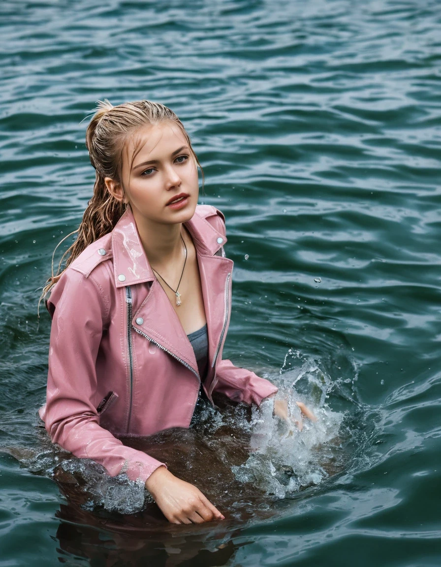 photo of young woman, in soaking wet, drenched clothes,
ankle boots, soaked trough white long skinny glistening jeans, slim fit light pink biker leatherjacket, tight sexy tshirt with wide necklace, handbag, pearl necklace, two fifteen years old embarrassed horny blonde teenage girlie with her Friends holds her whole hand over her mouth and nose posing deep submerged under water for a picture near a crowded dock on a very hot day , open mouth, big eyes, 
enjoying, wet clothes stuck to body,
detailed textures of the wet clothes, wet face, wet plastered hair,
wet, drenched, professional, high-quality details, full body view.
sharp focus, ultra-high pixel detail, realistic, high-quality, full colors, incredibly detailed, 4k, 8k, 16k, hyper-realistic, RAW photo, masterpiece, ultra-detailed, professionally color graded, professional photograph, two girls, fifteen years old, completely soaked, completely dripping wet from head to toe, very wet clothes, sleek long straight hair with a ponytail, worried and embarrassed facial expression, slight yawn, moaning, all girls wear different styles of clothes, soaking her handbag in the water, a lot of people stands in the background, close-up, view from above, highest realistic representation,  highest ultra sharp focus, highest photorealistic detailed facial features and expressions, highest photorealistic hands, highest best quality, highest photorealistic details, highest photorealistic wet clothes, full UHD resolution, highest photorealistic sharpness of the image, 32 K, wet skin, wet clothes, damp fabric