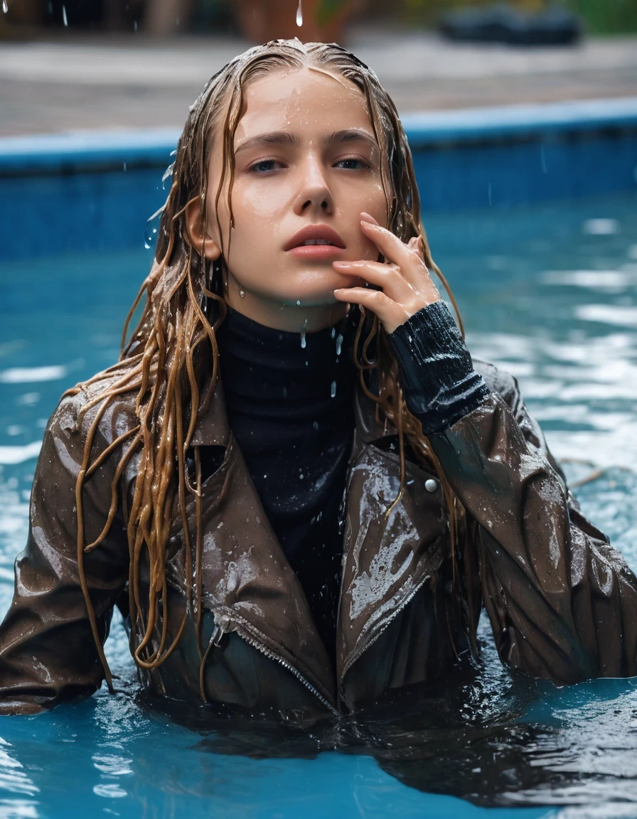 photo of young woman, in soaking wet, drenched clothes,
ankle boots, soaked trough white long skinny glistening jeans, slim fit black biker leatherjacket, tight beige turtleneck sweater, handbag, pearl necklace, two fifteen years old blonde teenage girls holds her whole hand over her mouth and nose submerged in a pool of a crowded pool party, open mouth, big eyes, 
enjoying, wet clothes stuck to body,
detailed textures of the wet clothes, wet face, wet plastered hair,
wet, drenched, professional, high-quality details, full body view.
sharp focus, ultra-high pixel detail, realistic, high-quality, full colors, incredibly detailed, 4k, 8k, 16k, hyper-realistic, RAW photo, masterpiece, ultra-detailed, professionally color graded, professional photograph, two girls, fifteen years old, completely soaked, completely dripping wet from head to toe, very wet clothes, sleek long straight hair, worried and embarrassed facial expression, slight yawn, moaning, all girls wear different clothes, soaking her handbag in the water, a lot of people stands in the background, close-up, view from above, highest realistic representation,  highest ultra sharp focus, highest photorealistic detailed facial features and expressions, highest photorealistic hands, highest best quality, highest photorealistic details, highest photorealistic wet clothes, full UHD resolution, highest photorealistic sharpness of the image, 32 K, wet skin, wet clothes, damp fabric