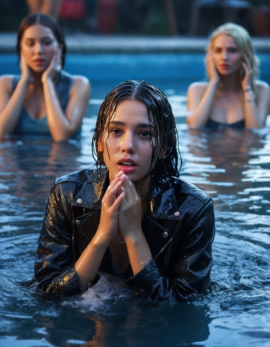 photo of young woman, in soaking wet, drenched clothes,
ankle boots, soaked trough long skinny glistening jeans, slim fit biker leatherjacket, tight knit turtleneck sweater, handbag, pearl necklace, two young blonde teenage girls holds her hand over her mouth and nose take a dip in a pool at a crowded pool party at night, one whispers a secret into the other's ear, open mouth, big eyes, 
enjoying, wet clothes stuck to body,
detailed textures of the wet clothes, wet face, wet plastered hair,
wet, drenched, professional, high-quality details, full body view.
sharp focus, ultra-high pixel detail, realistic, high-quality, full colors, incredibly detailed, 4k, 8k, 16k, hyper-realistic, RAW photo, masterpiece, ultra-detailed, professionally color graded, professional photograph, completely soaked, completely dripping wet from head to toe, very wet clothes, sleek long hair, surprised and embarrassed facial expression, slight yawn, moaning, all girls wear different styles of clothes, soaking her handbag in the water, a lot of people stands in the background, close-up, view from above, highest realistic representation,  highest ultra sharp focus, highest photorealistic detailed facial features and expressions, highest photorealistic hands, highest best quality, highest photorealistic details, highest photorealistic wet clothes, full UHD resolution, highest photorealistic sharpness of the image, 32 K, wet skin, wet clothes, damp fabric