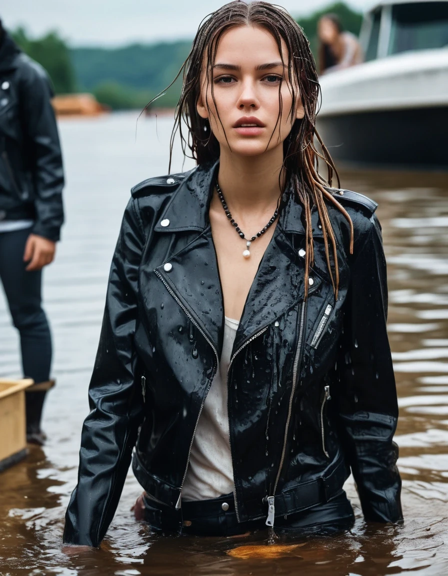 photo of young woman, in soaking wet, drenched clothes,
ankle boots, dripping wet super skin tight light white denim jeans, slim fit black biker leatherjacket,  tight sexy tshirt with wide necklace, handbag, pearl necklace, young embarrassed blonde teenage girl with her Friends hold her hand over her mouth an deep submerged into water near a crowded dock, open mouth, big eyes , 
enjoying, wet clothes stuck to body,
detailed textures of the wet clothes, wet face, wet plastered hair,
wet, drenched, professional, high-quality details, full body view.
sharp focus, ultra-high pixel detail, realistic, high-quality, full colors, incredibly detailed, 4k, 8k, 16k, hyper-realistic, RAW photo, masterpiece, ultra-detailed, professionally color graded, professional photograph, completely soaked, completely dripping wet from head to toe, very wet clothes, sleek long straight hair, worried and embarrassed facial expression, slight yawn, moaning,  all girls wear different styles of clothes, she soakes her handbag into the water, a lot of people stands in the background, close-up, view from above, highest realistic representation, ultra sharp focus, highest photorealistic detailed facial features and expressions, highest photorealistic hands, highest best quality, highest photorealistic details, highest photorealistic wet clothes, full UHD resolution, highest photorealistic sharpness of the image, 32 K, wet skin, wet clothes, damp fabric