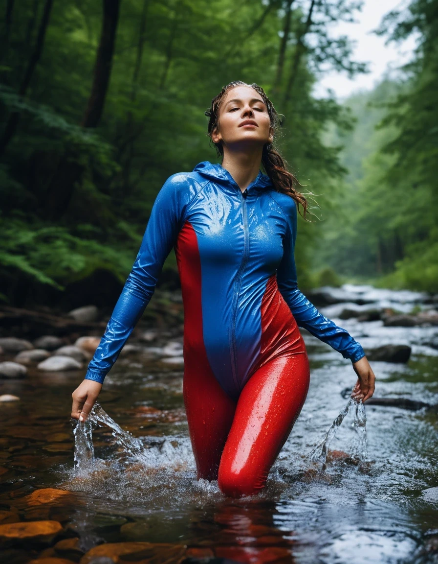 photo of young woman, in soaking wet, drenched clothes,
sandals, blue leggings, red bodysuit, forest stream, 
enjoying, wet clothes stuck to body,
detailed textures of the wet clothes, wet face, wet plastered hair,
wet, drenched, professional, high-quality details, full body view.
sharp focus, ultra-high pixel detail, realistic, high-quality, full colors, incredibly detailed, 4k, 8k, 16k, hyper-realistic, RAW photo, masterpiece, ultra-detailed, professionally color graded, professional photograph, wet skin, wet clothes, damp fabric