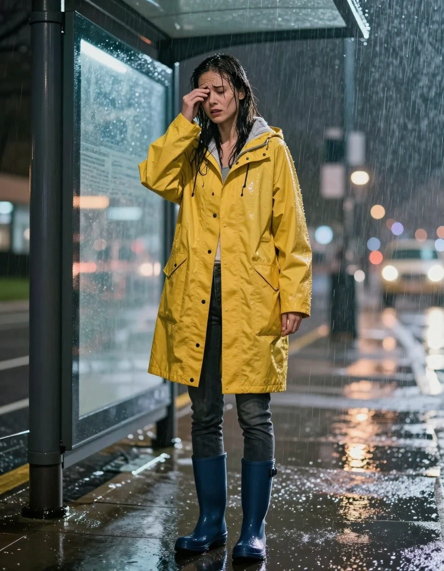 A photorealistic medium shot of a young adult European woman under a glass-paneled bus stop shelter at night during a heavy rainstorm. She is wearing a heavy mustard yellow raincoat with visible water droplets running down the saturated fabric, and tight charcoal grey skinny jeans that are completely soaked and clinging to her legs. She is wearing dark blue rubber rain boots. The woman is brushing wet hair out of her eyes with a shivering expression. Wind-driven rain creates a heavy mist around her. The environment features glowing city light reflections on the wet pavement. Lighting is cinematic and rainy-night style with balanced bright exposure, moderate contrast, and softly lifted shadows. High-detail texture on the saturated fabric, realistic wet skin, and water sheen. The composition is a low-angle shot, focusing on clean anatomy and realistic photographic lifestyle quality.