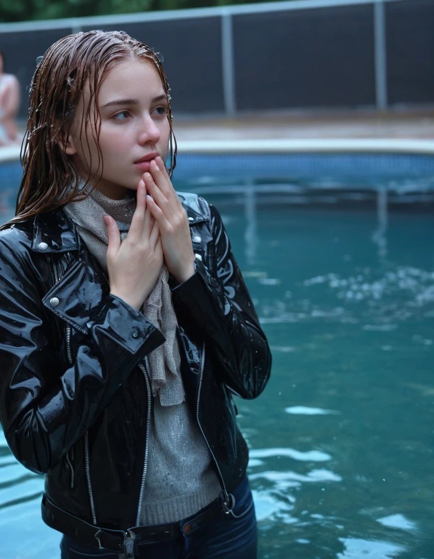 photo of young woman, in soaking wet, drenched clothes,
ankle boots, soaked trough long skinny glistening jeans, slim fit black biker leatherjacket, tight beige turtleneck sweater, handbag, pearl necklace, scarf, two young blonde teenage girls holds her whole hand over her mouth and nose swimming at a pool party at night, one whispers a secret into the other's ear, open mouth, big eyes, 
enjoying, wet clothes stuck to body,
detailed textures of the wet clothes, wet face, wet plastered hair,
wet, drenched, professional, high-quality details, full body view.
sharp focus, ultra-high pixel detail, realistic, high-quality, full colors, incredibly detailed, 4k, 8k, 16k, hyper-realistic, RAW photo, masterpiece, ultra-detailed, professionally color graded, professional photograph, Fifteen years old, completely soaked, completely dripping wet from head to toe, very wet clothes, sleek long straight hair, worried and embarrassed facial expression, slight yawn, moaning, all girls wear different styles of clothes, soaking her handbag in the water, a lot of people stands in the background, close-up, view from above, highest realistic representation,  highest ultra sharp focus, highest photorealistic detailed facial features and expressions, highest photorealistic hands, highest best quality, highest photorealistic details, highest photorealistic wet clothes, full UHD resolution, highest photorealistic sharpness of the image, 32 K, wet skin, wet clothes, damp fabric