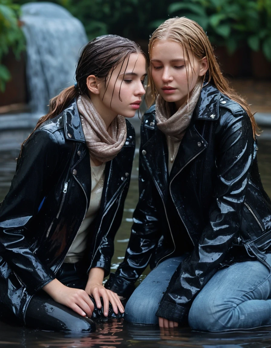 photo of young woman, in soaking wet, drenched clothes,
ankle boots, soaked trough long skinny glistening jeans, slim fit black biker leatherjacket, tight beige turtleneck sweater, handbag, pearl necklace, scarf, two young blonde teenage girls holds her whole hand over her mouth and nose deep submerged at a pool party at night, one whispers a secret into the other's ear, open mouth, big eyes, 
enjoying, wet clothes stuck to body,
detailed textures of the wet clothes, wet face, wet plastered hair,
wet, drenched, professional, high-quality details, full body view.
sharp focus, ultra-high pixel detail, realistic, high-quality, full colors, incredibly detailed, 4k, 8k, 16k, hyper-realistic, RAW photo, masterpiece, ultra-detailed, professionally color graded, professional photograph, Fifteen years old, completely soaked, completely dripping wet from head to toe, very wet clothes, sleek long straight hair, worried and embarrassed facial expression, slight yawn, moaning, all girls wear different styles of clothes, soaking her handbag in the water, a lot of people stands in the background, close-up, view from above, highest realistic representation,  highest ultra sharp focus, highest photorealistic detailed facial features and expressions, highest photorealistic hands, highest best quality, highest photorealistic details, highest photorealistic wet clothes, full UHD resolution, highest photorealistic sharpness of the image, 32 K, wet skin, wet clothes, damp fabric