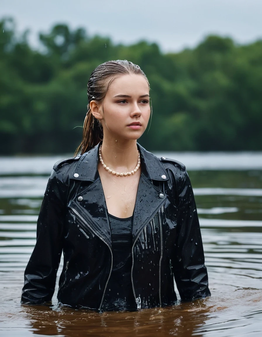 photo of young woman, in soaking wet, drenched clothes,
ankle boots, dripping wet super skin tight light white denim jeans, slim fit black biker leatherjacket,  tight sexy tshirt with wide necklace, handbag, pearl necklace, Fifteen years horny blonde teenage girl with her Friends holds her hand over her mouth and nose posing completely soaked deep submerged into water for a picture near a crowded dock , 
enjoying, wet clothes stuck to body,
detailed textures of the wet clothes, wet face, wet plastered hair,
wet, drenched, professional, high-quality details, full body view.
sharp focus, ultra-high pixel detail, realistic, high-quality, full colors, incredibly detailed, 4k, 8k, 16k, hyper-realistic, RAW photo, masterpiece, ultra-detailed, professionally color graded, professional photograph, Fifteen years old, completely soaked, completely dripping wet from head to toe, very wet clothes, sleek long straight hair, sleek ponytail, worried and embarrassed facial expression, slight yawn, moaning,  all girls wear different styles of clothes, she soakes her handbag into the water, a lot of people stands in the background, close-up, view from above, highest realistic representation, ultra sharp focus, highest photorealistic detailed facial features and expressions, highest photorealistic hands, highest best quality, highest photorealistic details, highest photorealistic wet clothes, full UHD resolution, highest photorealistic sharpness of the image, 32 K, wet skin, wet clothes, damp fabric