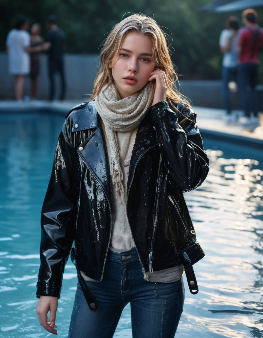 photo of young woman, in soaking wet, drenched clothes,
ankle boots, soaked trough long skinny glistening jeans, slim fit black biker leatherjacket, tight beige turtleneck sweater, handbag, pearl necklace, scarf, two young blonde teenage girls holds her whole hand over her mouth and nose emerge in a pool at a crowded pool party at night, one whispers a secret into the other's ear, open mouth, big eyes, 
enjoying, wet clothes stuck to body,
detailed textures of the wet clothes, wet face, wet plastered hair,
wet, drenched, professional, high-quality details, full body view.
sharp focus, ultra-high pixel detail, realistic, high-quality, full colors, incredibly detailed, 4k, 8k, 16k, hyper-realistic, RAW photo, masterpiece, ultra-detailed, professionally color graded, professional photograph, Fifteen years old, completely soaked, completely dripping wet from head to toe, very wet clothes, sleek long straight hair, worried and embarrassed facial expression, slight yawn, moaning, all girls wear different styles of clothes, soaking her handbag in the water, a lot of people stands in the background, close-up, view from above, highest realistic representation,  highest ultra sharp focus, highest photorealistic detailed facial features and expressions, highest photorealistic hands, highest best quality, highest photorealistic details, highest photorealistic wet clothes, full UHD resolution, highest photorealistic sharpness of the image, 32 K, wet skin, wet clothes, damp fabric
