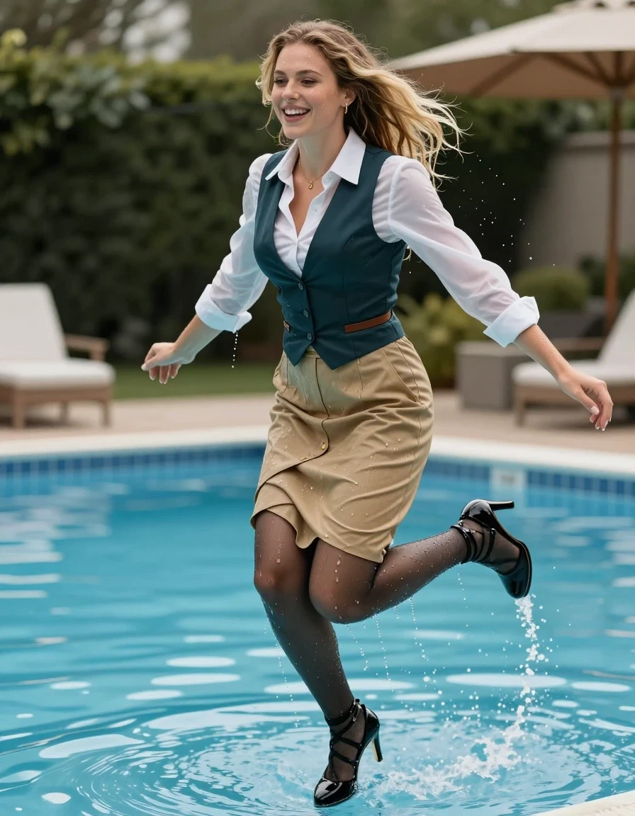 photo of young woman, in soaking wet, drenched clothes,
strappy black high heels, soaking wet long, floor-length khaki skirt, black stockings with garter belt, soaking wet white dress shirt, dark teal vest, jumping into a swimming pool, dripping wet, 
enjoying, wet clothes stuck to body,
detailed textures of the wet clothes, wet face, wet plastered hair,
wet, drenched, professional, high-quality details, full body view.
sharp focus, ultra-high pixel detail, realistic, high-quality, full colors, incredibly detailed, 4k, 8k, 16k, hyper-realistic, RAW photo, masterpiece, ultra-detailed, professionally color graded, professional photograph, happy, wet long blonde hair, gold earrings, gold necklace, gold belt, wet skin, wet clothes, damp fabric