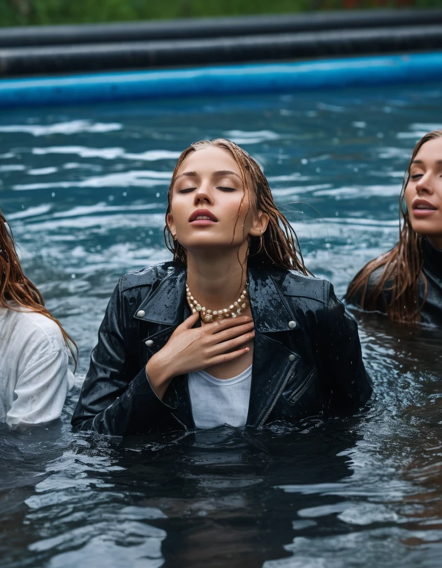 photo of young woman, in soaking wet, drenched clothes,
ankle boots, super skin tight denim jeans, slim fit black biker leatherjacket, tight slight knit turtleneck sweater, handbag, pearl necklace, silk scarf, open jacket, Two completely soaked and drenched eighteen years old embarrased blonde teenage girls holds her hand over mouth and nose lying submerged in pool during wetlook party, open mouth, half closed eyes, 
enjoying, wet clothes stuck to body,
detailed textures of the wet clothes, wet face, wet plastered hair,
wet, drenched, professional, high-quality details, full body view.
sharp focus, ultra-high pixel detail, realistic, high-quality, full colors, incredibly detailed, 4k, 8k, 16k, hyper-realistic, RAW photo, masterpiece, ultra-detailed, professionally color graded, professional photograph, Two Girls completely soaked, completely drenched wet, sleek long straight hair, lovesick and embarrassed facial expression, slight yawn, moaning, all girls wear different styles of clothes, carrying a dripping wet smal handbag, floating handbags and lots of floating clothes around the ladies on the water, a lot of people stands in the background, close-up, view from above, highly realistic representation, ultra sharp focus, highly photorealistic detailed textures, highly photorealistic detailed facial features and expressions, highly photorealistic hands, highly emotional reactions, highly best quality, highly sharp photorealistic image, highly photorealistic details, highest photorealistic details of wet clothes, full UHD resolution, highest photorealistic sharpness of the image, 32 K, very high level of detail and image sharpness, zoomed in, wet skin, wet clothes, damp fabric, wet skin, wet clothes, damp fabric