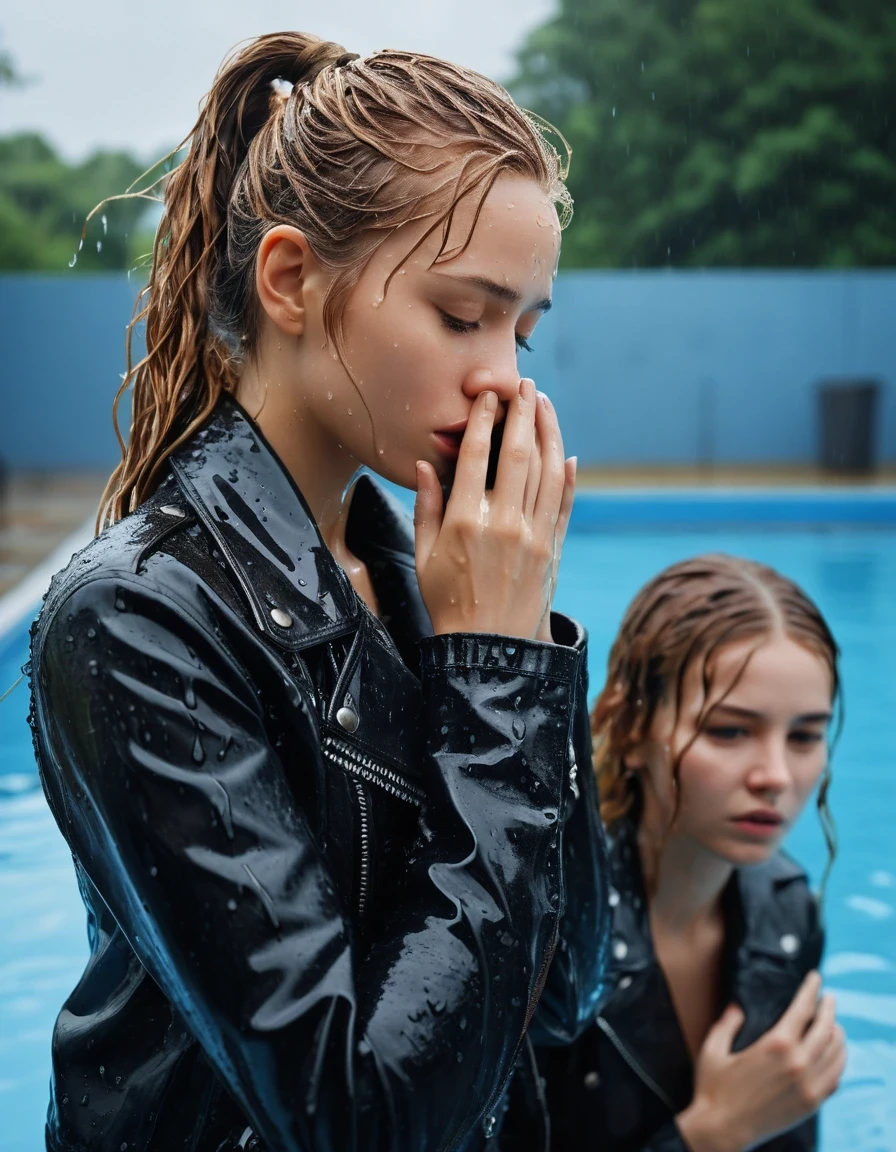 photo of young woman, in soaking wet, drenched clothes,
ankle boots, super skin tight denim jeans, slim fit black biker leatherjacket, tight slight pink knit turtleneck sweater, handbag, Two completely soaked and drenched embarrassed fifteen years old blonde teenage girls holds her whole hand over her mouth and nose lying submerged into the public pool at pool party with a lot of party people, open mouth, big eyes, 
enjoying, wet clothes stuck to body,
detailed textures of the wet clothes, wet face, wet plastered hair,
wet, drenched, professional, high-quality details, full body view.
sharp focus, ultra-high pixel detail, realistic, high-quality, full colors, incredibly detailed, 4k, 8k, 16k, hyper-realistic, RAW photo, masterpiece, ultra-detailed, professionally color graded, professional photograph, Two Girls completely soaked, completely drenched wet, sleek long straight hair, sleek ponytail, worried and embarrassed facial expression, slight yawn, moaning, all girls wear different styles of clothes, carrying a dripping wet smal handbag, a lot of people stands in the background, close-up, view from above, highly realistic representation, ultra sharp focus, highly photorealistic detailed textures, highly photorealistic detailed facial features and expressions, highly photorealistic hands, highly emotional reactions, highly best quality, highly sharp photorealistic image, highly photorealistic details, highest photorealistic details of wet clothes, full UHD resolution, highest photorealistic sharpness of the image, 32 K, very high level of detail and image sharpness, zoomed in, wet skin, wet clothes, damp fabric