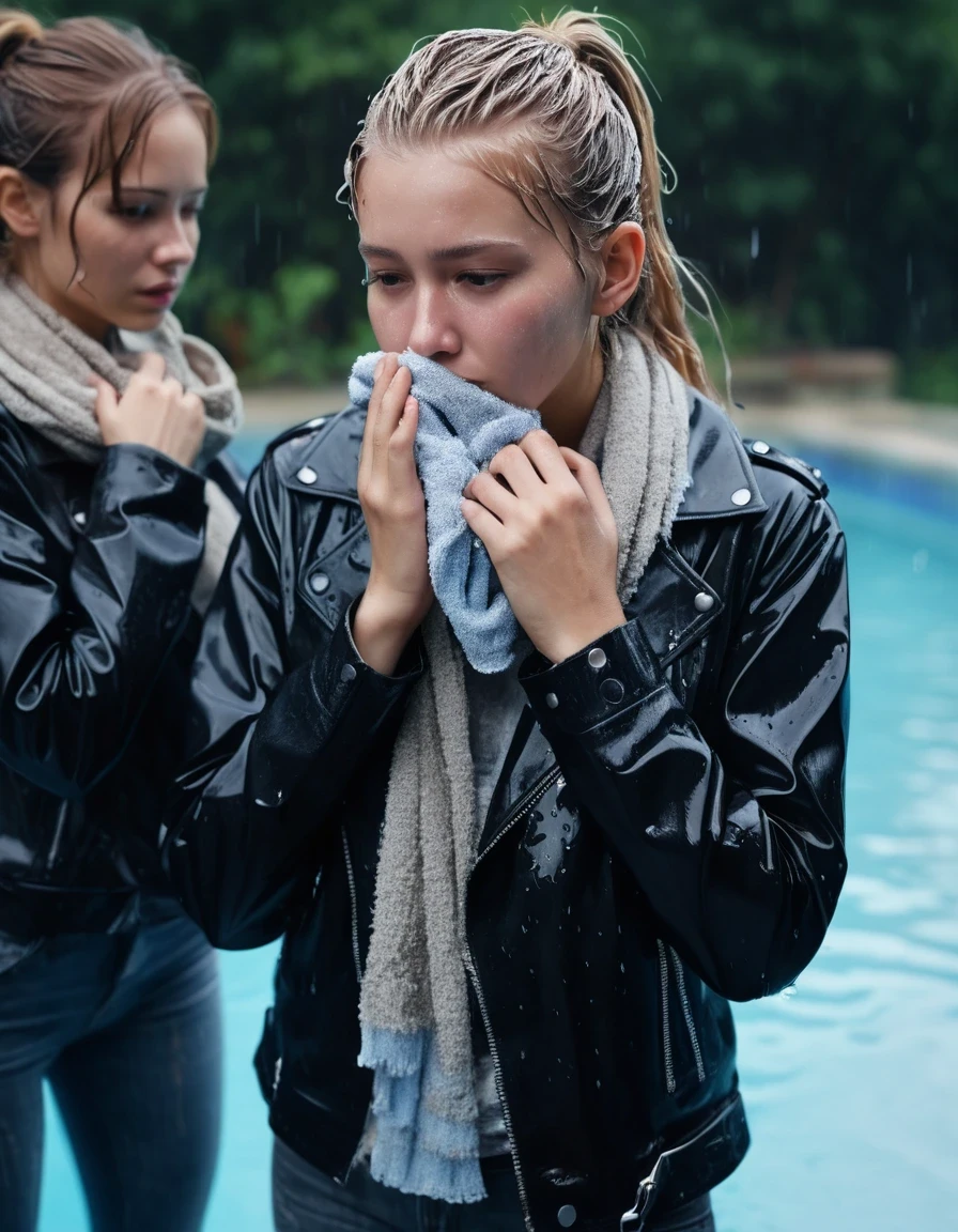 photo of young woman, in soaking wet, drenched clothes,
ankle boots, soaked trough long skinny glistening jeans, slim fit black biker leatherjacket, tight beige turtleneck sweater, handbag, pearl necklace, scarf, Fifteen years old embarrassed horny blonde teenage girl with her Friends holds her whole hand over her mouth and nose posing deep submerged for a picture at a pool party at night, open mouth, big eyes, 
enjoying, wet clothes stuck to body,
detailed textures of the wet clothes, wet face, wet plastered hair,
wet, drenched, professional, high-quality details, full body view.
sharp focus, ultra-high pixel detail, realistic, high-quality, full colors, incredibly detailed, 4k, 8k, 16k, hyper-realistic, RAW photo, masterpiece, ultra-detailed, professionally color graded, professional photograph, Fifteen years old, completely soaked, completely dripping wet from head to toe, very wet clothes, sleek ponytail, worried and embarrassed facial expression, slight yawn, moaning, all girls wear different styles of clothes, soaking her handbag in the water, a lot of people stands in the background, close-up, view from above, highest realistic representation,  highest ultra sharp focus, highest photorealistic detailed facial features and expressions, highest photorealistic hands, highest best quality, highest photorealistic details, highest photorealistic wet clothes, full UHD resolution, highest photorealistic sharpness of the image, 32 K, wet skin, wet clothes, damp fabric