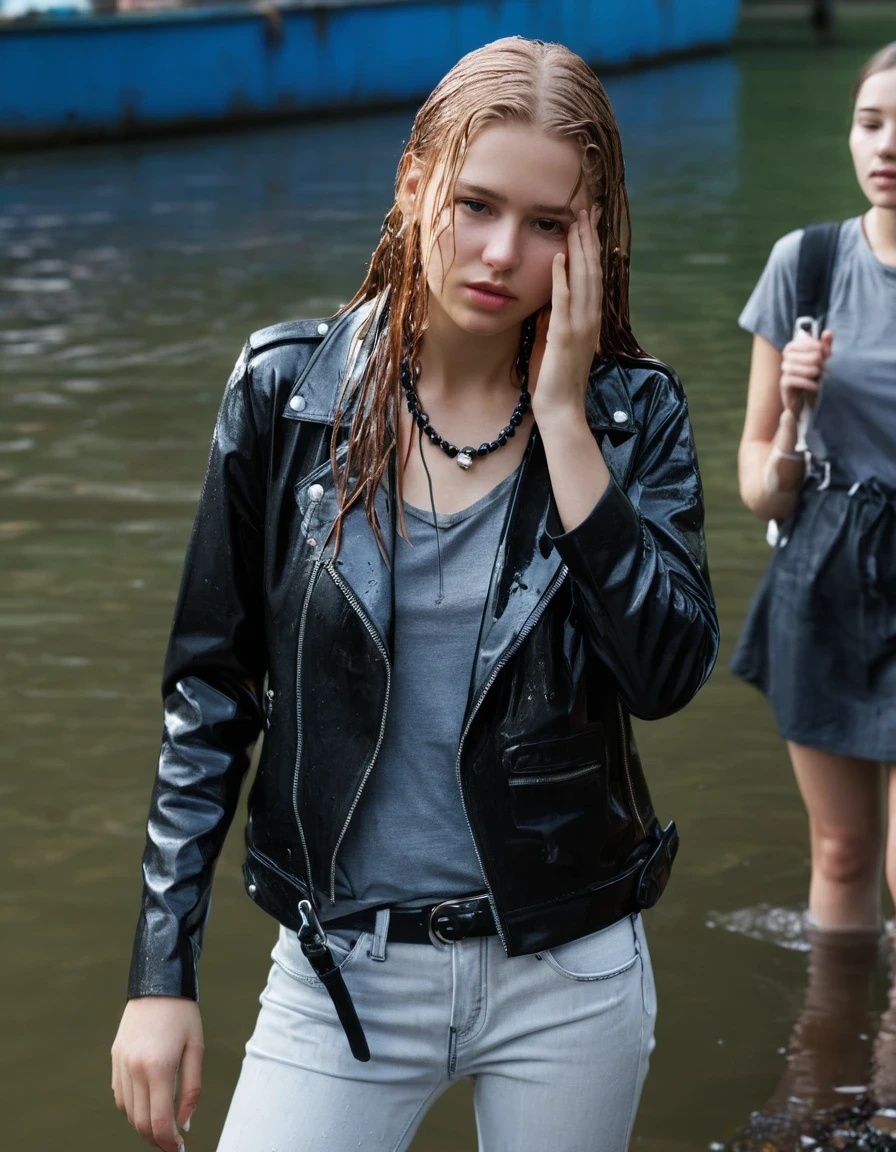 photo of young woman, in soaking wet, drenched clothes,
ankle boots, dripping wet super skin tight light white denim jeans, slim fit black biker leatherjacket,  tight sexy tshirt with wide necklace, handbag, pearl necklace, Fifteen years old embarrassed blonde teenage girl with her Friends hold her hand over mouth and nose posing deep submerged into water near a crowded dock, open mouth, big eyes , 
enjoying, wet clothes stuck to body,
detailed textures of the wet clothes, wet face, wet plastered hair,
wet, drenched, professional, high-quality details, full body view.
sharp focus, ultra-high pixel detail, realistic, high-quality, full colors, incredibly detailed, 4k, 8k, 16k, hyper-realistic, RAW photo, masterpiece, ultra-detailed, professionally color graded, professional photograph, Fifteen years old, completely soaked, completely dripping wet from head to toe, very wet clothes, sleek long straight hair, worried and embarrassed facial expression, slight yawn, moaning,  all girls wear different styles of clothes, she soakes her handbag into the water, a lot of people stands in the background, close-up, view from above, highest realistic representation, ultra sharp focus, highest photorealistic detailed facial features and expressions, highest photorealistic hands, highest best quality, highest photorealistic details, highest photorealistic wet clothes, full UHD resolution, highest photorealistic sharpness of the image, 32 K, wet skin, wet clothes, damp fabric