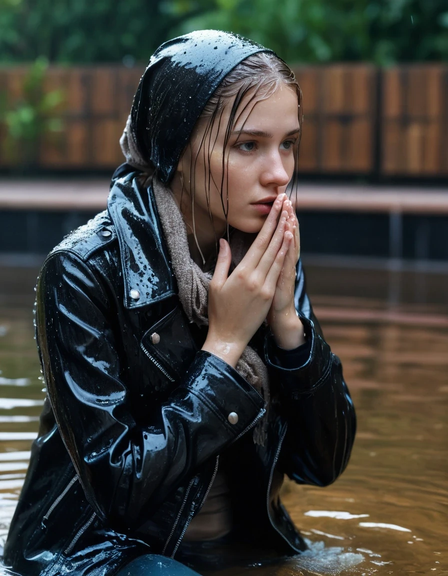photo of young woman, in soaking wet, drenched clothes,
ankle boots, soaked trough long skinny glistening jeans, slim fit black biker leatherjacket, tight beige turtleneck sweater, handbag, pearl necklace, scarf, two young blonde teenage girls holds her whole hand over her mouth and nose deep submerged at a pool party at night, one whispers a secret into the other's ear, open mouth, big eyes, 
enjoying, wet clothes stuck to body,
detailed textures of the wet clothes, wet face, wet plastered hair,
wet, drenched, professional, high-quality details, full body view.
sharp focus, ultra-high pixel detail, realistic, high-quality, full colors, incredibly detailed, 4k, 8k, 16k, hyper-realistic, RAW photo, masterpiece, ultra-detailed, professionally color graded, professional photograph, Fifteen years old, completely soaked, completely dripping wet from head to toe, very wet clothes, sleek long straight hair, worried and embarrassed facial expression, slight yawn, moaning, all girls wear different styles of clothes, soaking her handbag in the water, a lot of people stands in the background, close-up, view from above, highest realistic representation,  highest ultra sharp focus, highest photorealistic detailed facial features and expressions, highest photorealistic hands, highest best quality, highest photorealistic details, highest photorealistic wet clothes, full UHD resolution, highest photorealistic sharpness of the image, 32 K, wet skin, wet clothes, damp fabric