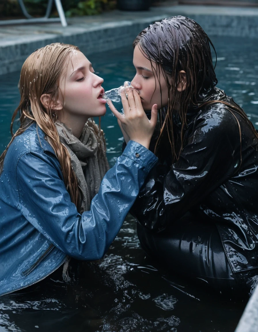 photo of young woman, in soaking wet, drenched clothes,
ankle boots, soaked trough long skinny glistening jeans, slim fit black biker leatherjacket, tight beige turtleneck sweater, handbag, pearl necklace, scarf, two young blonde teenage girls holds her whole hand over her mouth and nose swimming at a pool party at night, one whispers a secret into the other's ear, open mouth, big eyes, 
enjoying, wet clothes stuck to body,
detailed textures of the wet clothes, wet face, wet plastered hair,
wet, drenched, professional, high-quality details, full body view.
sharp focus, ultra-high pixel detail, realistic, high-quality, full colors, incredibly detailed, 4k, 8k, 16k, hyper-realistic, RAW photo, masterpiece, ultra-detailed, professionally color graded, professional photograph, Fifteen years old, completely soaked, completely dripping wet from head to toe, very wet clothes, sleek long straight hair, worried and embarrassed facial expression, slight yawn, moaning, all girls wear different styles of clothes, soaking her handbag in the water, a lot of people stands in the background, close-up, view from above, highest realistic representation,  highest ultra sharp focus, highest photorealistic detailed facial features and expressions, highest photorealistic hands, highest best quality, highest photorealistic details, highest photorealistic wet clothes, full UHD resolution, highest photorealistic sharpness of the image, 32 K, wet skin, wet clothes, damp fabric