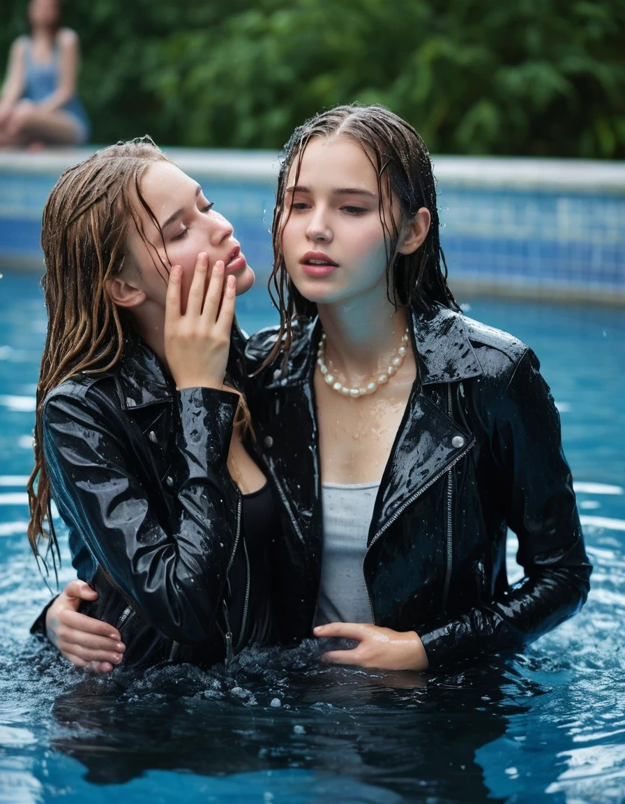photo of young woman, in soaking wet, drenched clothes,
ankle boots, tight skinny jeans, slim fit black biker leatherjacket, tight white turtleneck sweater, handbag, pearl necklace, two fifteen years old blonde teenage girls holds her whole hand over her mouth and nose submerged in a pool of a crowded pool party, one whispers a secret into the other's ear, open mouth, big eyes, 
enjoying, wet clothes stuck to body,
detailed textures of the wet clothes, wet face, wet plastered hair,
wet, drenched, professional, high-quality details, full body view.
sharp focus, ultra-high pixel detail, realistic, high-quality, full colors, incredibly detailed, 4k, 8k, 16k, hyper-realistic, RAW photo, masterpiece, ultra-detailed, professionally color graded, professional photograph, two girls, fifteen years old, completely soaked, completely dripping wet from head to toe, very wet clothes, sleek long straight hair, frightened worried and embarrassed facial expression, slight yawn, moaning, all girls wear different clothes, soaking her handbag in the water, a lot of people stands in the background, close-up, view from above, highest realistic representation,  highest ultra sharp focus, highest photorealistic detailed facial features and expressions, highest photorealistic hands, highest best quality, highest photorealistic details, highest photorealistic wet clothes, full UHD resolution, highest photorealistic sharpness of the image, 32 K, wet skin, wet clothes, damp fabric