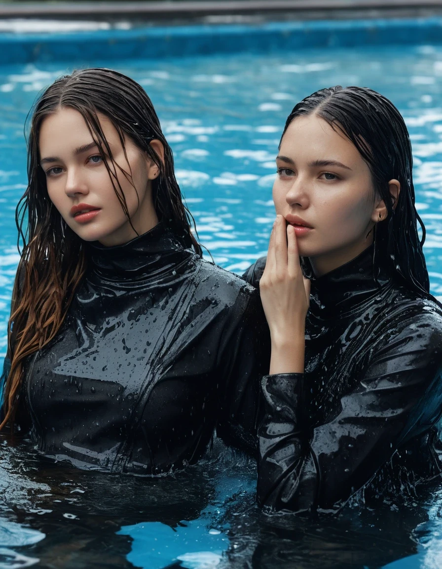 photo of young woman, in soaking wet, drenched clothes,
ankle boots, super skin tight denim jeans, slim fit black biker leatherjacket, tight slight knit turtleneck sweater, handbag, pearl necklace, silk scarf, Two completely soaked and drenched embarrased blonde teenage girls holds her hand over mouth and nose lying submerged in pool during wetlook party, open mouth, 
enjoying, wet clothes stuck to body,
detailed textures of the wet clothes, wet face, wet plastered hair,
wet, drenched, professional, high-quality details, full body view.
sharp focus, ultra-high pixel detail, realistic, high-quality, full colors, incredibly detailed, 4k, 8k, 16k, hyper-realistic, RAW photo, masterpiece, ultra-detailed, professionally color graded, professional photograph, Two Girls completely soaked, completely drenched wet, sleek long straight hair, lovesick and embarrassed facial expression, slight yawn, moaning, all girls wear different styles of clothes, carrying a dripping wet smal handbag, floating handbags and lots of floating clothes around the ladies on the water, a lot of people stands in the background, close-up, view from above, highly realistic representation, ultra sharp focus, highly photorealistic detailed textures, highly photorealistic detailed facial features and expressions, highly photorealistic hands, highly emotional reactions, highly best quality, highly sharp photorealistic image, highly photorealistic details, highest photorealistic details of wet clothes, full UHD resolution, highest photorealistic sharpness of the image, 32 K, very high level of detail and image sharpness, zoomed in, wet skin, wet clothes, damp fabric, wet skin, wet clothes, damp fabric