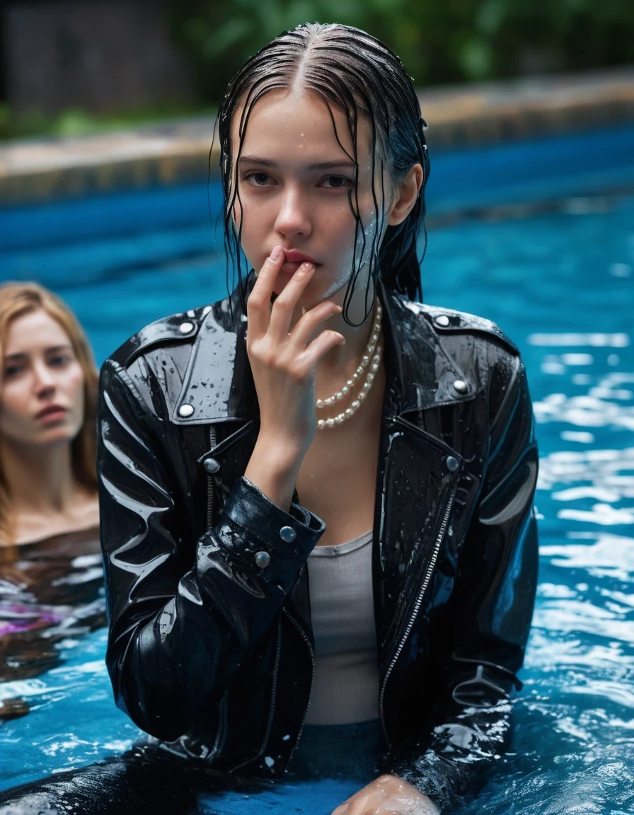 photo of young woman, in soaking wet, drenched clothes,
ankle boots, soaked trough long skinny glistening jeans, slim fit black biker leatherjacket, tight beige turtleneck sweater, handbag, pearl necklace, scarf, two young blonde teenage girls holds her whole hand over her mouth and nose swimming at a pool party at night, one whispers a secret into the other's ear, open mouth, big eyes, 
enjoying, wet clothes stuck to body,
detailed textures of the wet clothes, wet face, wet plastered hair,
wet, drenched, professional, high-quality details, full body view.
sharp focus, ultra-high pixel detail, realistic, high-quality, full colors, incredibly detailed, 4k, 8k, 16k, hyper-realistic, RAW photo, masterpiece, ultra-detailed, professionally color graded, professional photograph, Fifteen years old, completely soaked, completely dripping wet from head to toe, very wet clothes, sleek long straight hair, worried and embarrassed facial expression, slight yawn, moaning, all girls wear different styles of clothes, soaking her handbag in the water, a lot of people stands in the background, close-up, view from above, highest realistic representation,  highest ultra sharp focus, highest photorealistic detailed facial features and expressions, highest photorealistic hands, highest best quality, highest photorealistic details, highest photorealistic wet clothes, full UHD resolution, highest photorealistic sharpness of the image, 32 K, wet skin, wet clothes, damp fabric