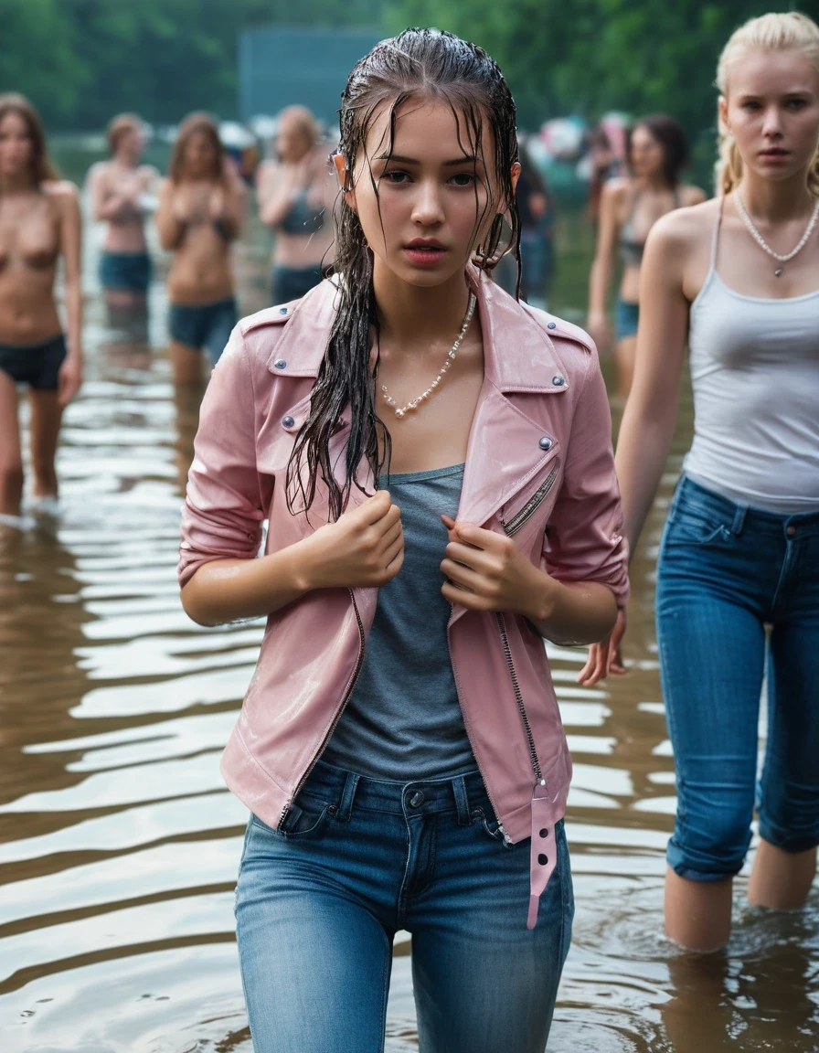 photo of young woman, in soaking wet, drenched clothes,
ankle boots, soaked trough white long skinny glistening jeans, slim fit light pink biker leatherjacket, tight sexy tshirt with wide necklace, handbag, pearl necklace, Fifteen years old embarrassed horny blonde teenage girlie with her Friends holds her whole hand over her mouth and nose posing deep submerged under water for a picture near a crowded dock on a very hot day , open mouth, big eyes, 
enjoying, wet clothes stuck to body,
detailed textures of the wet clothes, wet face, wet plastered hair,
wet, drenched, professional, high-quality details, full body view.
sharp focus, ultra-high pixel detail, realistic, high-quality, full colors, incredibly detailed, 4k, 8k, 16k, hyper-realistic, RAW photo, masterpiece, ultra-detailed, professionally color graded, professional photograph, Fifteen years old, completely soaked, completely dripping wet from head to toe, very wet clothes, sleek long straight hair with a ponytail, worried and embarrassed facial expression, slight yawn, moaning, all girls wear different styles of clothes, soaking her handbag in the water, a lot of people stands in the background, close-up, view from above, highest realistic representation,  highest ultra sharp focus, highest photorealistic detailed facial features and expressions, highest photorealistic hands, highest best quality, highest photorealistic details, highest photorealistic wet clothes, full UHD resolution, highest photorealistic sharpness of the image, 32 K, wet skin, wet clothes, damp fabric