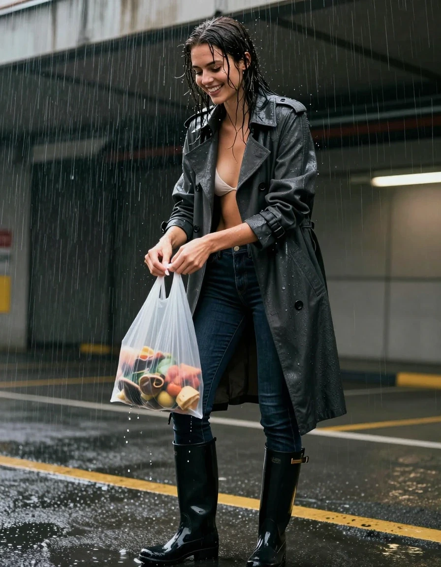 photo of young woman, in soaking wet, drenched clothes,
black rubber knee-high rain boots, fitted dark navy skinny denim jeans soaked and clinging to skin, heavy charcoal wool trench coat dripping with rainwater, dimly lit concrete parking garage entrance at night under a downpour, 
enjoying, wet clothes stuck to body,
detailed textures of the wet clothes, wet face, wet plastered hair,
wet, drenched, professional, high-quality details, full body view.
sharp focus, ultra-high pixel detail, realistic, high-quality, full colors, incredibly detailed, 4k, 8k, 16k, hyper-realistic, RAW photo, masterpiece, ultra-detailed, professionally color graded, professional photograph, woman laughing while fumbling with a plastic grocery bag, water droplets cascading off hair and fabric, cinematic rainy-night aesthetic, intense wet textures, photorealistic lifestyle photography, rich natural color, balanced bright exposure, softly lifted shadows, eye-level medium shot., wet skin, wet clothes, damp fabric