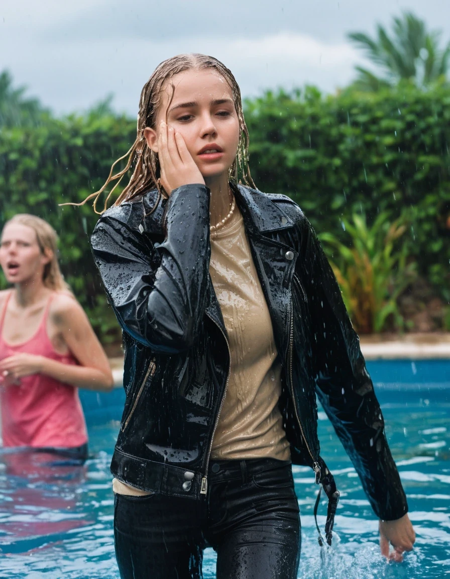 photo of young woman, in soaking wet, drenched clothes,
ankle boots, tight skinny jeans, slim fit black biker leatherjacket, tight beige turtleneck sweater, handbag, pearl necklace, two fifteen years old blonde teenage girls holds her whole hand over her mouth and nose submerged in a pool of a crowded pool party, open mouth, big eyes, 
enjoying, wet clothes stuck to body,
detailed textures of the wet clothes, wet face, wet plastered hair,
wet, drenched, professional, high-quality details, full body view.
sharp focus, ultra-high pixel detail, realistic, high-quality, full colors, incredibly detailed, 4k, 8k, 16k, hyper-realistic, RAW photo, masterpiece, ultra-detailed, professionally color graded, professional photograph, two girls, fifteen years old, completely soaked, completely dripping wet from head to toe, very wet clothes, sleek long straight hair, frightened worried and embarrassed facial expression, slight yawn, moaning, all girls wear different clothes, soaking her handbag in the water, a lot of people stands in the background, close-up, view from above, highest realistic representation,  highest ultra sharp focus, highest photorealistic detailed facial features and expressions, highest photorealistic hands, highest best quality, highest photorealistic details, highest photorealistic wet clothes, full UHD resolution, highest photorealistic sharpness of the image, 32 K, wet skin, wet clothes, damp fabric