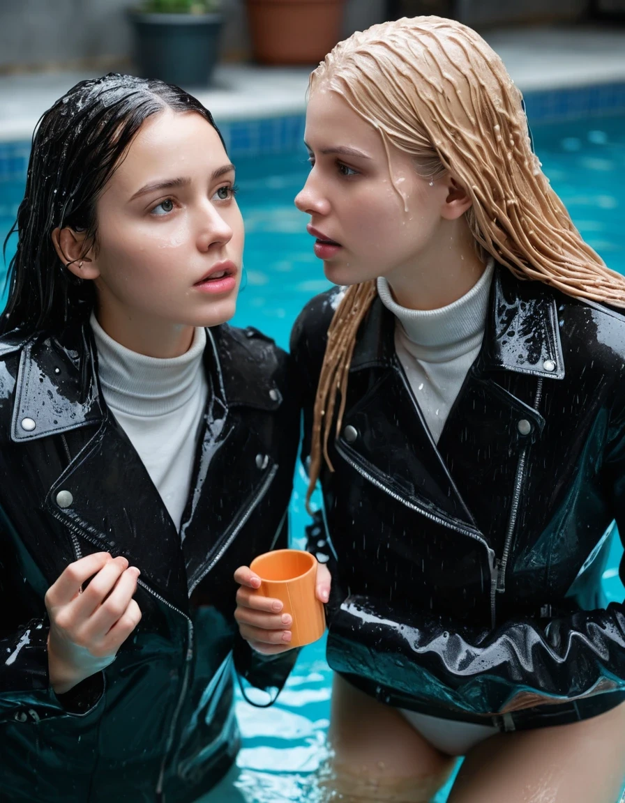 photo of young woman, in soaking wet, drenched clothes,
ankle boots, tight skinny jeans, slim fit black biker leatherjacket, tight white turtleneck sweater, handbag, pearl necklace, two young blonde teenage girls holds her whole hand over her mouth and nose submerged in a pool of a crowded pool party, one whispers a secret into the other's ear, open mouth, big eyes, 
enjoying, wet clothes stuck to body,
detailed textures of the wet clothes, wet face, wet plastered hair,
wet, drenched, professional, high-quality details, full body view.
sharp focus, ultra-high pixel detail, realistic, high-quality, full colors, incredibly detailed, 4k, 8k, 16k, hyper-realistic, RAW photo, masterpiece, ultra-detailed, professionally color graded, professional photograph, two girls, completely soaked, completely dripping wet from head to toe, very wet clothes, sleek long straight hair, frightened worried and embarrassed facial expression, slight yawn, moaning, all girls wear different clothes, soaking her handbag in the water, a lot of people stands in the background, close-up, view from above, highest realistic representation,  highest ultra sharp focus, highest photorealistic detailed facial features and expressions, highest photorealistic hands, highest best quality, highest photorealistic details, highest photorealistic wet clothes, full UHD resolution, highest photorealistic sharpness of the image, 32 K, wet skin, wet clothes, damp fabric