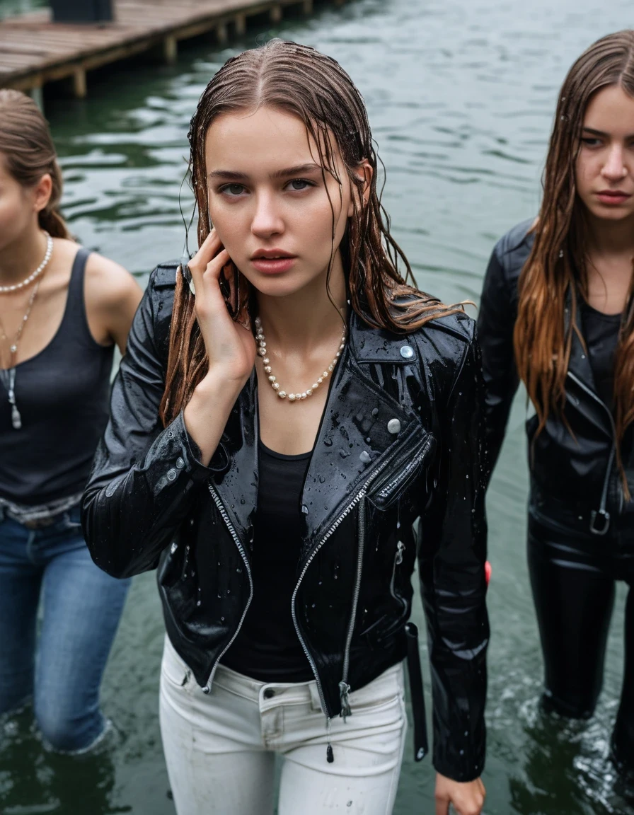 photo of young woman, in soaking wet, drenched clothes,
ankle boots, dripping wet super skin tight light white denim jeans, slim fit black biker leatherjacket,  tight sexy tshirt with wide necklace, handbag, pearl necklace, young embarrassed blonde teenage girl with her Friends hold her hand over her mouth an deep submerged into water near a crowded dock, open mouth, big eyes , 
enjoying, wet clothes stuck to body,
detailed textures of the wet clothes, wet face, wet plastered hair,
wet, drenched, professional, high-quality details, full body view.
sharp focus, ultra-high pixel detail, realistic, high-quality, full colors, incredibly detailed, 4k, 8k, 16k, hyper-realistic, RAW photo, masterpiece, ultra-detailed, professionally color graded, professional photograph, completely soaked, completely dripping wet from head to toe, very wet clothes, sleek long straight hair, worried and embarrassed facial expression, slight yawn, moaning,  all girls wear different styles of clothes, she soakes her handbag into the water, a lot of people stands in the background, close-up, view from above, highest realistic representation, ultra sharp focus, highest photorealistic detailed facial features and expressions, highest photorealistic hands, highest best quality, highest photorealistic details, highest photorealistic wet clothes, full UHD resolution, highest photorealistic sharpness of the image, 32 K, wet skin, wet clothes, damp fabric