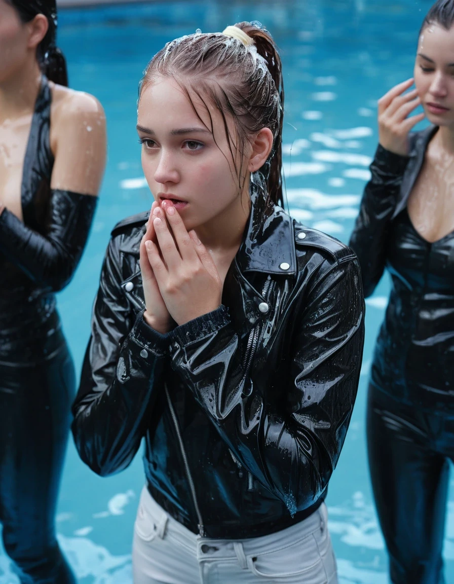 photo of young woman, in soaking wet, drenched clothes,
ankle boots, soaked trough white long skinny glistening jeans, slim fit black biker leatherjacket, tight beige turtleneck sweater, handbag, pearl necklace, scarf, Fifteen years old embarrassed horny blonde teenage girl with her Friends holds her whole hand over her mouth and nose posing deep submerged for a picture at a pool party at night, open mouth, big eyes, 
enjoying, wet clothes stuck to body,
detailed textures of the wet clothes, wet face, wet plastered hair,
wet, drenched, professional, high-quality details, full body view.
sharp focus, ultra-high pixel detail, realistic, high-quality, full colors, incredibly detailed, 4k, 8k, 16k, hyper-realistic, RAW photo, masterpiece, ultra-detailed, professionally color graded, professional photograph, Fifteen years old, completely soaked, completely dripping wet from head to toe, very wet clothes, sleek ponytail, worried and embarrassed facial expression, slight yawn, moaning, all girls wear different styles of clothes, soaking her handbag in the water, a lot of people stands in the background, close-up, view from above, highest realistic representation,  highest ultra sharp focus, highest photorealistic detailed facial features and expressions, highest photorealistic hands, highest best quality, highest photorealistic details, highest photorealistic wet clothes, full UHD resolution, highest photorealistic sharpness of the image, 32 K, wet skin, wet clothes, damp fabric